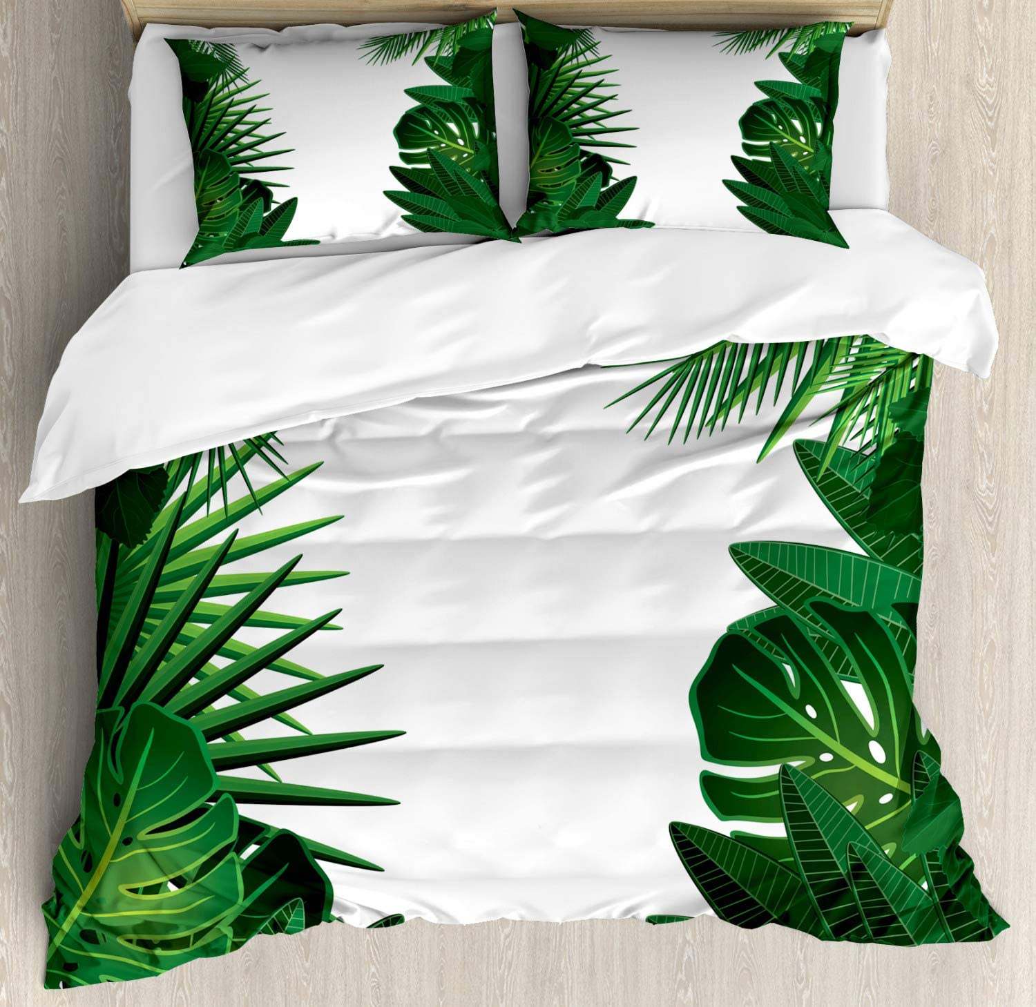 Price:$39.97 Leaf Duvet Cover Set, Exotic Fantasy Hawaiian Tropical Palm Leaves with Floral Graphic Artwork Print, Decorative 3 Piece Bedding Set with 2 Pillow Shams, Queen Size, Green White : Home & Kitchen