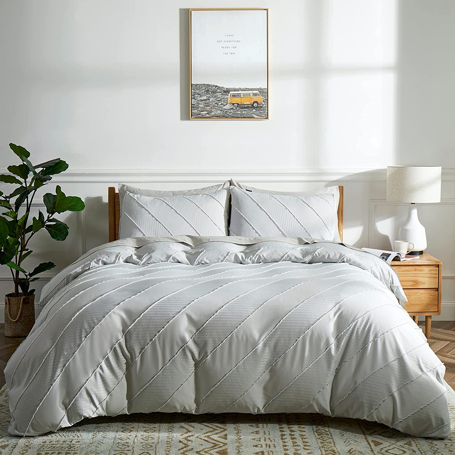 Price:$39.99 Tufted-Striped Duvet Cover Set King Size, 3 Pieces Embroidery Comforter Cover, Soft and Durable Jacquard Bedding Sets for All Seasons, Light Grey : Home & Kitchen