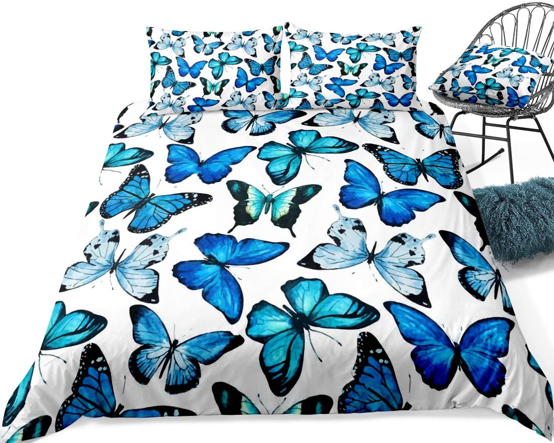 Price:$49.99 Butterfly Bedding Set Blue Butterflies Duvet Cover Bed Set 3 Piece Include Watercolor Butterfly Quilt Cover and 2pcs Pillowcases for Women Teen Girls Bedding(King) : Home & Kitchen