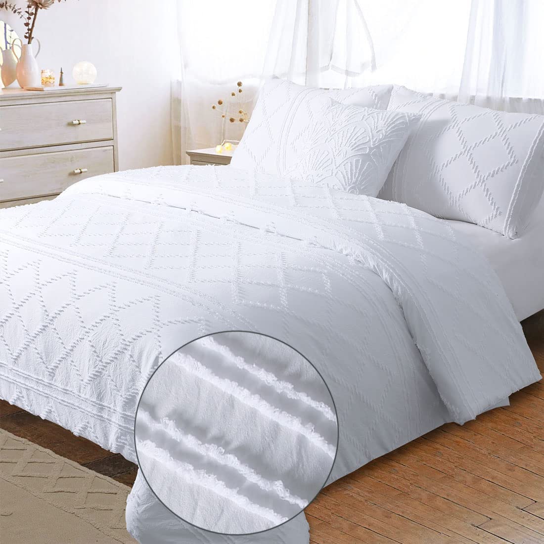 Price:$39.99 White Duvet Cover King Boho Textured Tufted Diamond Shabby Chic Farmhouse Moroccan Clipped Fringed Bohemian Jacquard Bedding Set 104x90 : Home & Kitchen