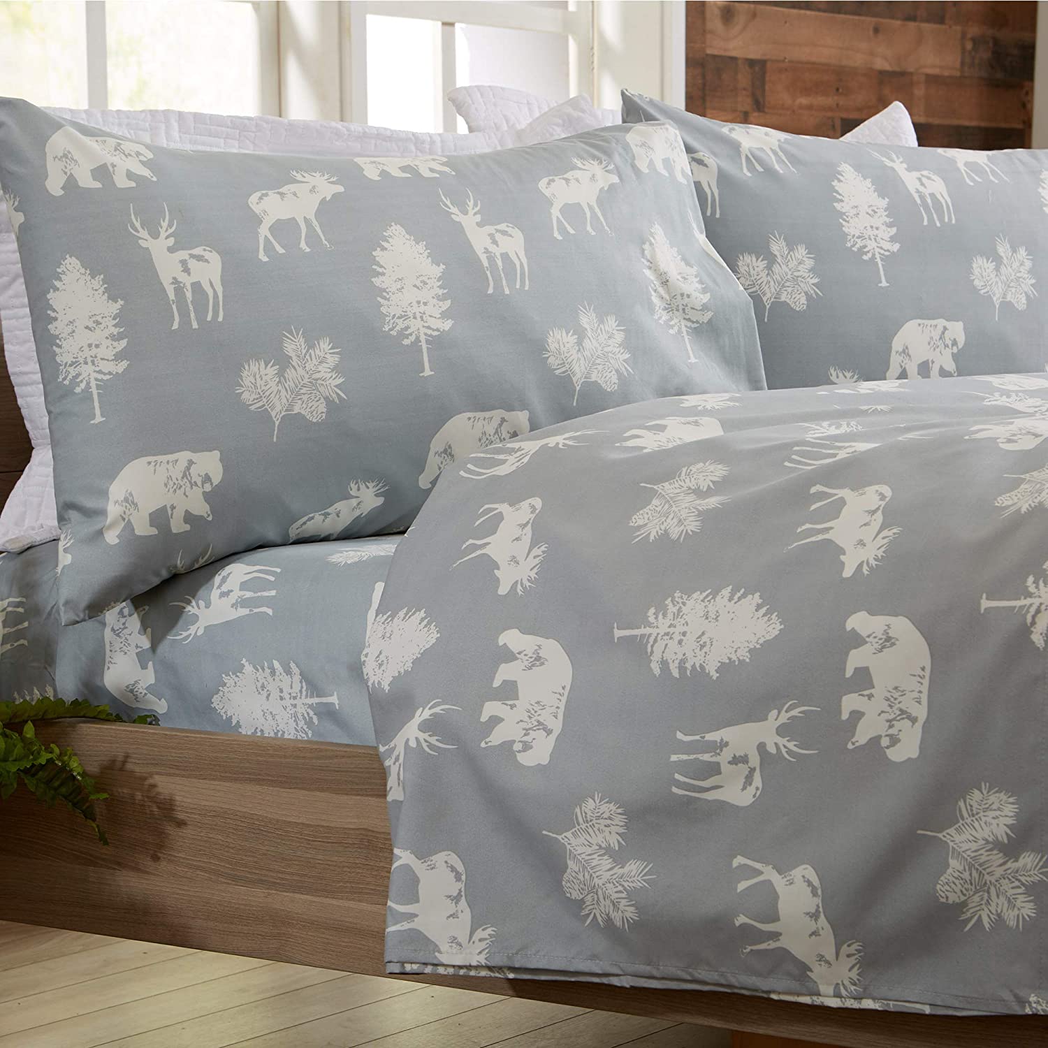 Price:$29.99 Lodge Printed Ultra-Soft Microfiber Sheet Set. Beautiful Patterns Drawn from Nature, Comfortable, All-Season Bed Sheets. (Queen, Forest Animal - Light Grey) : Home & Kitchen