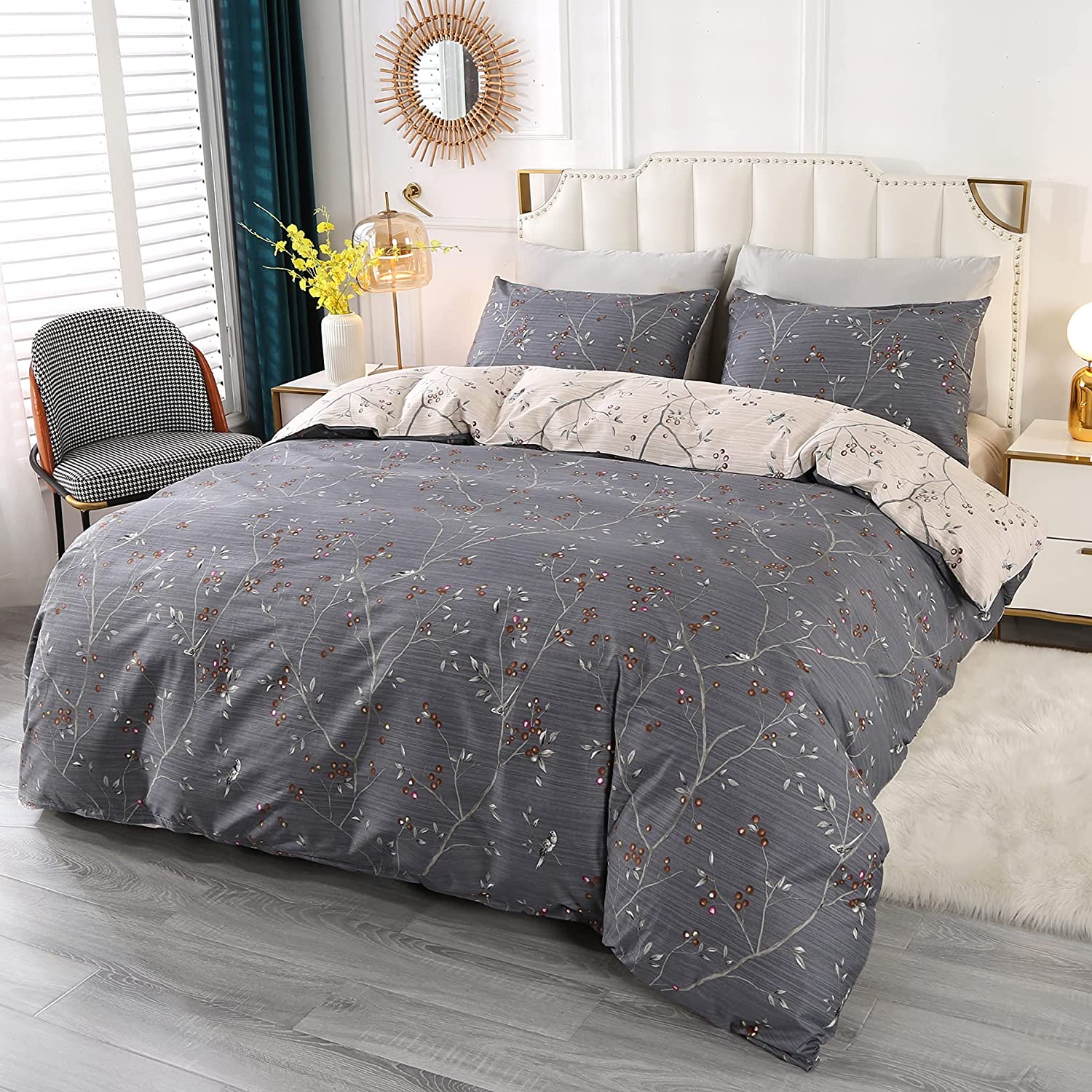 Price:$45.99 100% Cotton Duvet Covers Sets 3 Pieces, Luxury Hotel Quality Queen Size Bedding Set Ultra Soft, Breathable Comforter Cover Set for All Seasons Includes 2 Pillow Shams, Branches Pattern Gray : Home & Kitchen