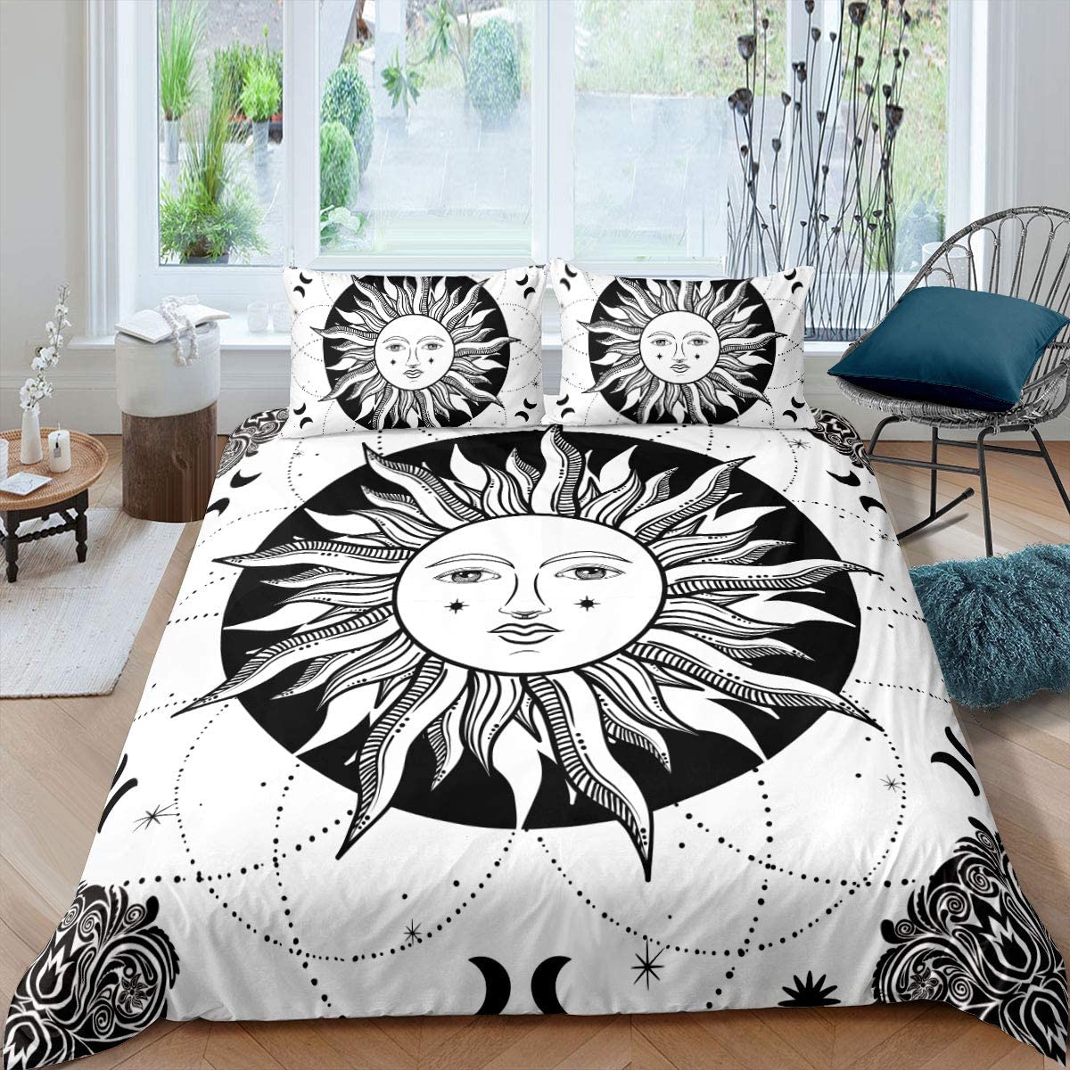 Price:$31.50 and Moon Bedding Set Queen Boho Style Black and White Duvet Cover for Adult Women Girls Teen Galaxy Stripe Printed Home Decor Comforter Cover Set with Zipper Ties Bohemian Soft Microfiber Bedding : Home & Kitchen