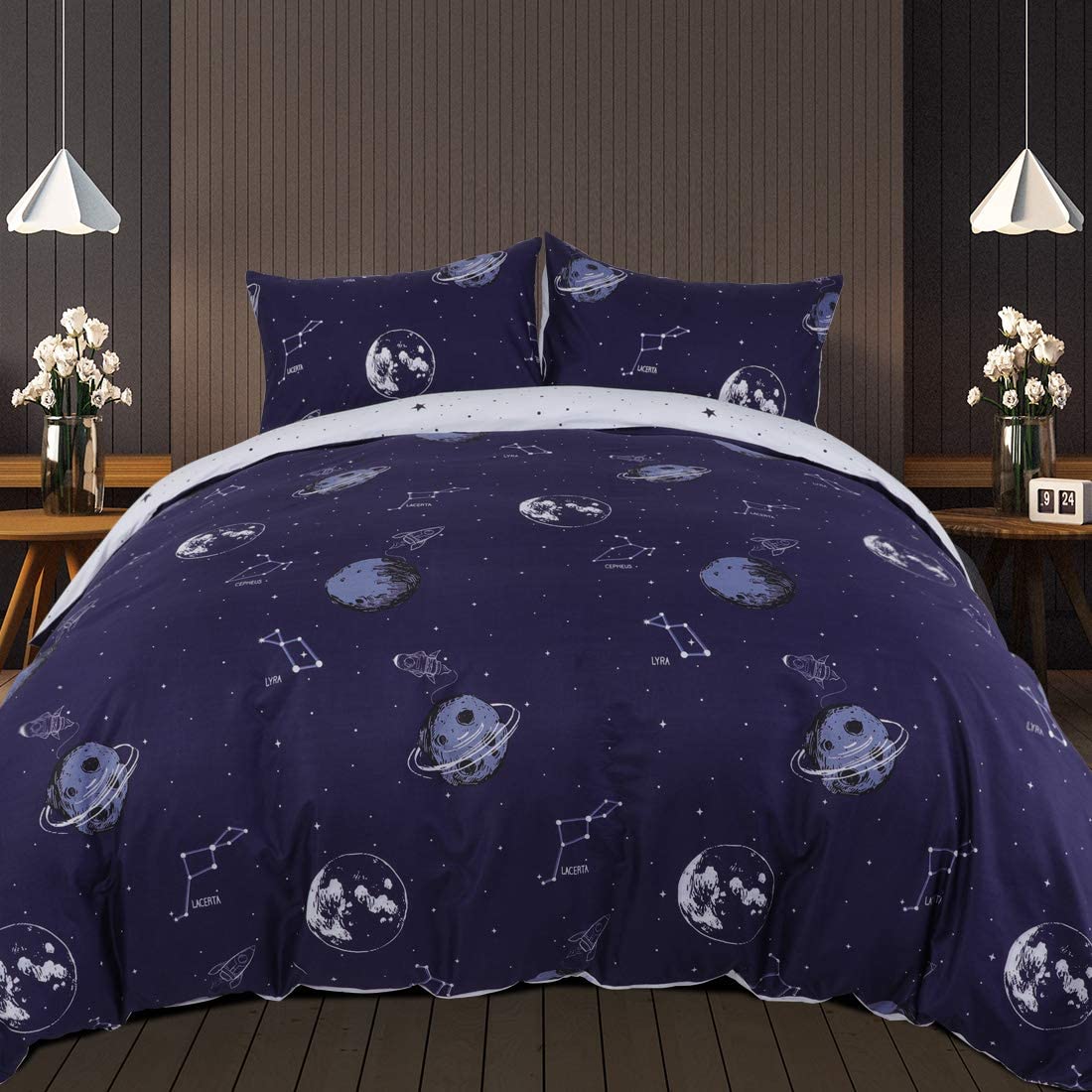 Price:$29.99 Dark Blue Cartoon Star Universe Planets Bedding Set, Planet Spaceship Stars Space Rocket Print Duvet Cover Set for Kids Teen Boys and Girls (No Duvet) - Full : Home & Kitchen
