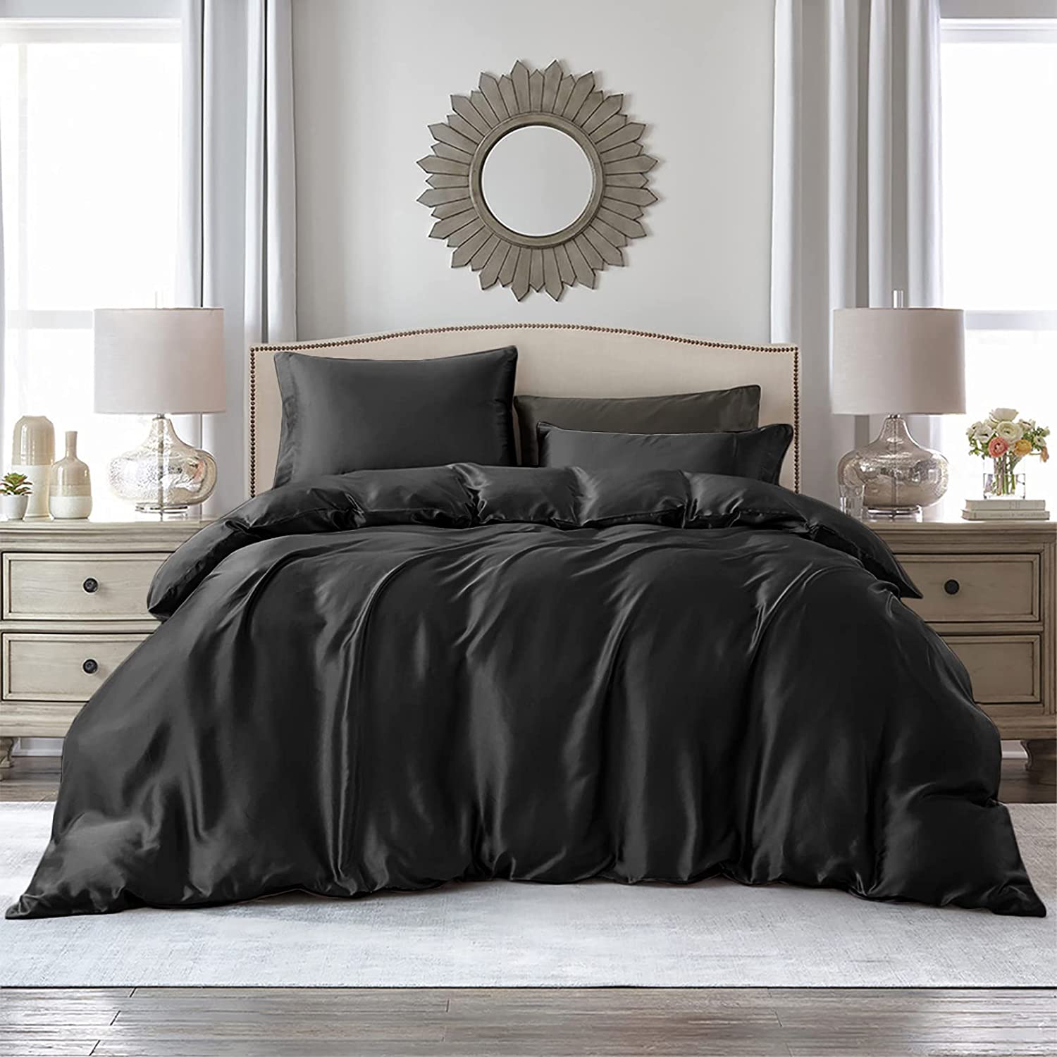 Price:$33.99 Satin Duvet Cover King Size, Luxury Duvet Cover Zipper Closure, King 3 Piece Soft Silky Bedding Set Wrinkle and Fade Resistant with 1 Duvet Cover 2 Pillowcases (Black) : Home & Kitchen