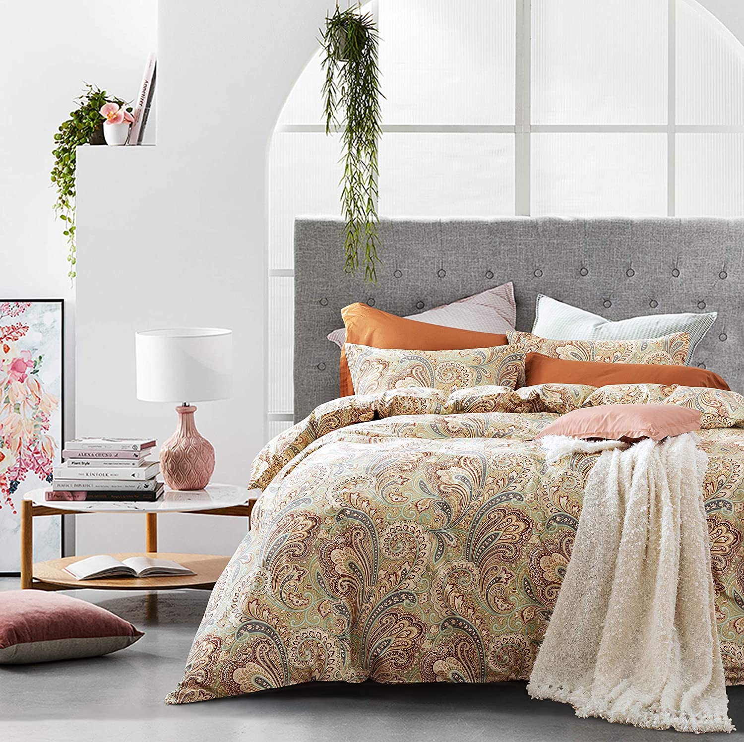 Price:$98.80 Boho Paisley Print Luxury Duvet Quilt Cover and Shams 3pc Bedding Set Bohemian Damask Medallion 350TC Egyptian Cotton Sateen (King, Rust) : Home & Kitchen