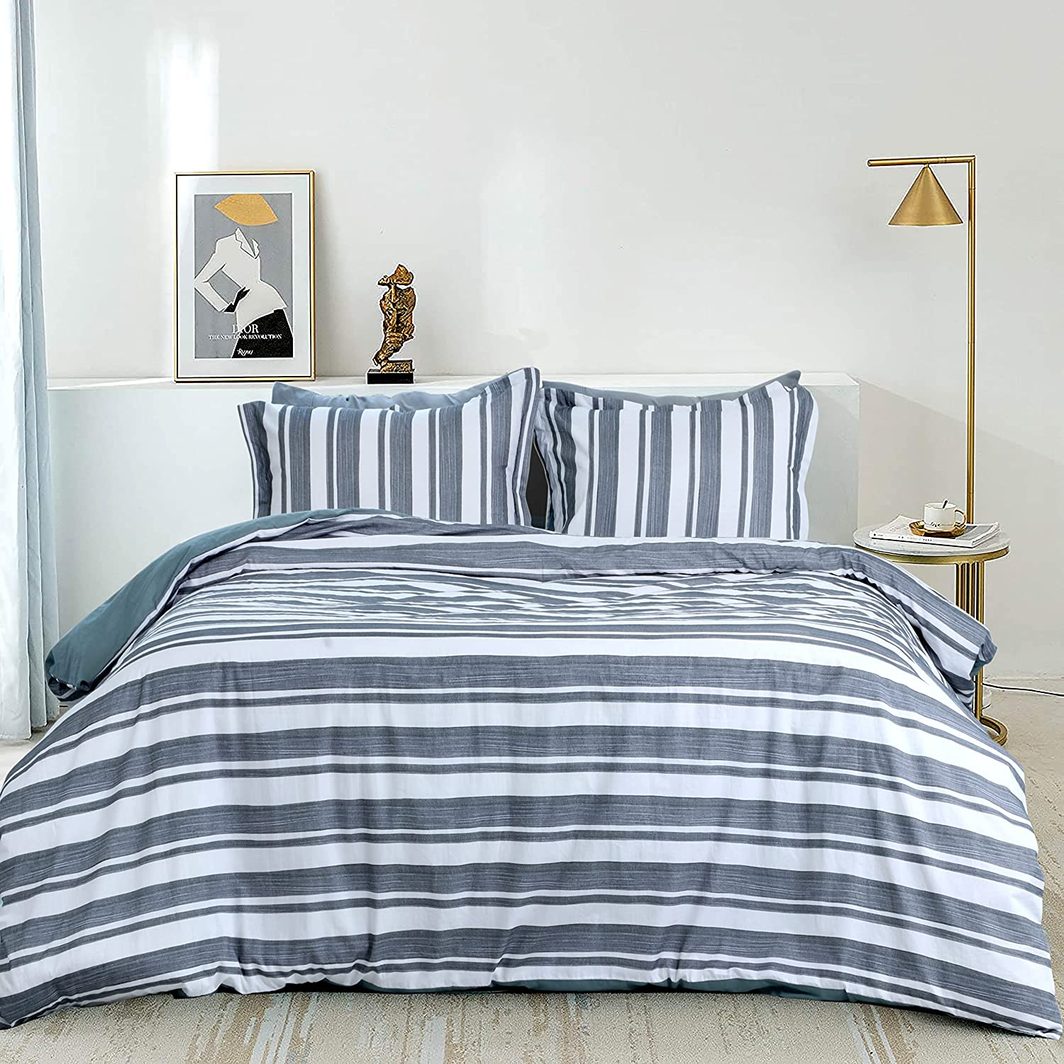Price:$74.99 Linen 300 TC Percale Duvet Cover Set, 3 Pieces Ultra Soft-Washed Bedding Set with Buttons Closure Stripes Pattern Printed (Queen ,Grey) : Home & Kitchen