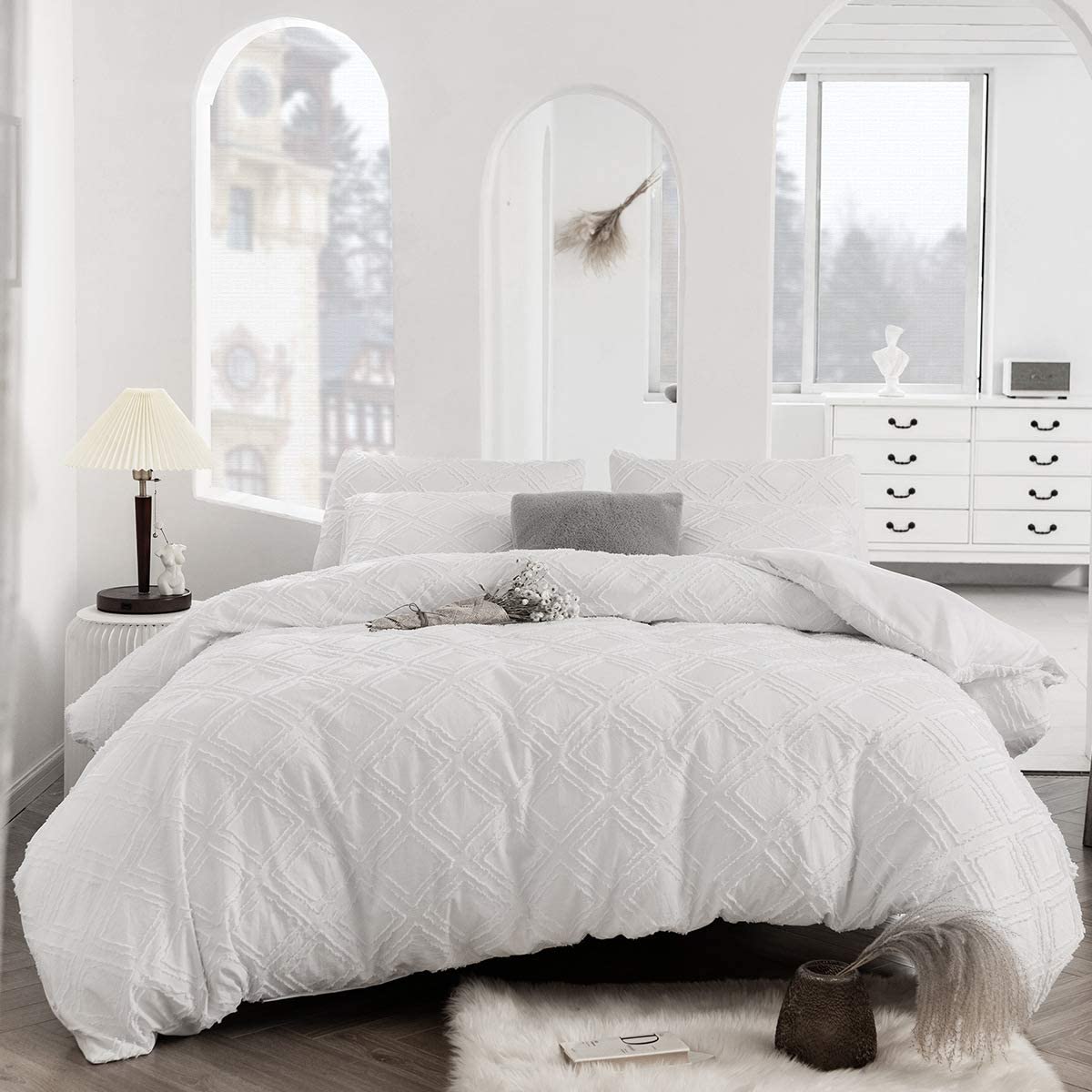 Price:$38.99 Duvet Cover Queen Full Size, 3 Pieces Tufted White Boho Comforter Set, Microfiber Shabby Chic Bedding Set (White Grid, Queen(90"x90")) : Home & Kitchen