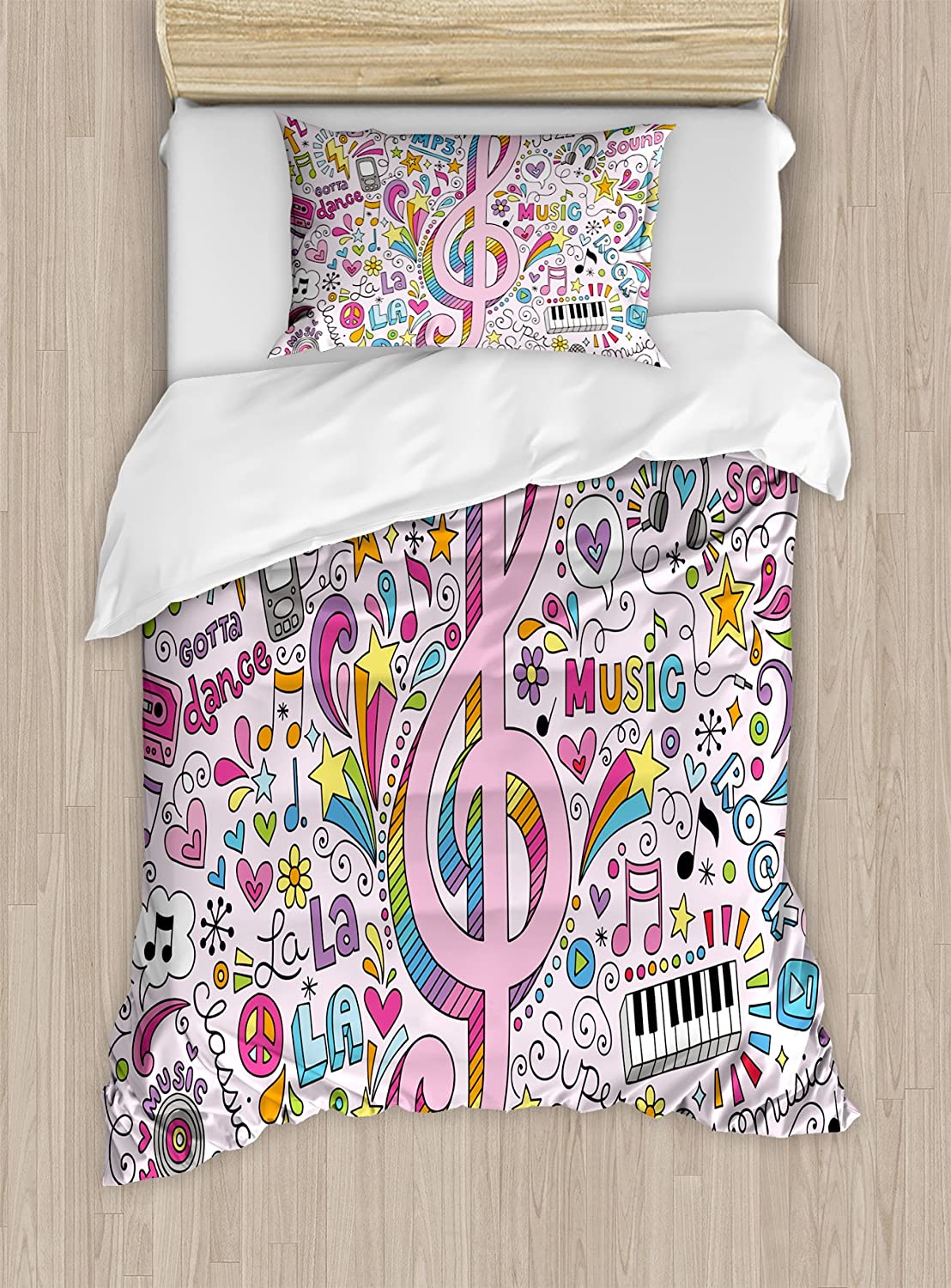 Price:$29.97 70s Party Duvet Cover Set, Music Clef Groovy Psychedelic Doodles Hand Drawn Hippie Signs Artwork, Decorative 2 Piece Bedding Set with 1 Pillow Sham, Twin Size, Pale Blush : Home & Kitchen