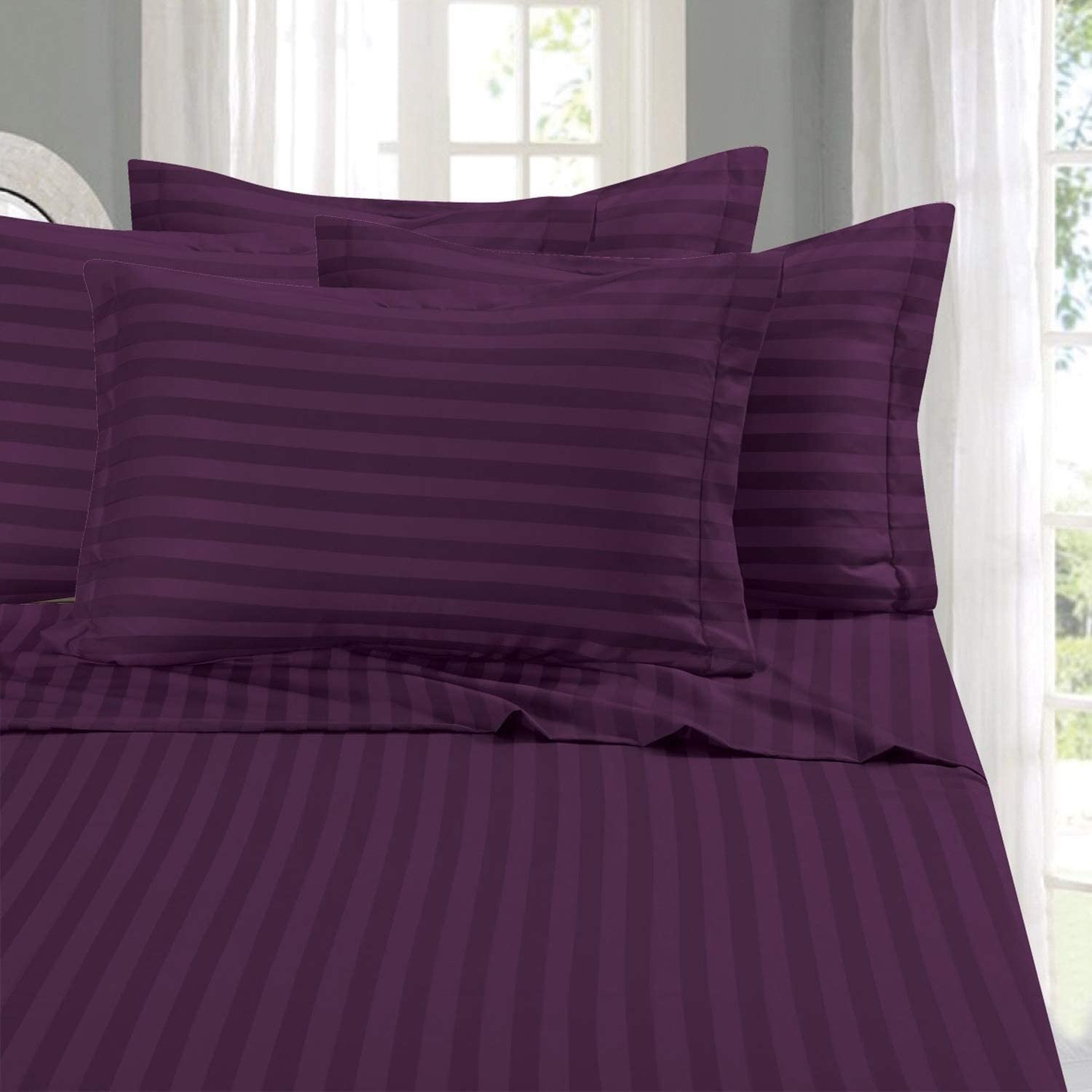 Price:$118.99 Bedding 800 Series Organic Cotton Elegant Damask Dobby Stripped 15 inches 7 PC Sheet Set (1 Flat Sheet, 1 Fitted Sheet, 1 Duvet Cover, 4 Pillowcases) Soft & Easy Care, Egg Plant, Queen : Home & Kitchen