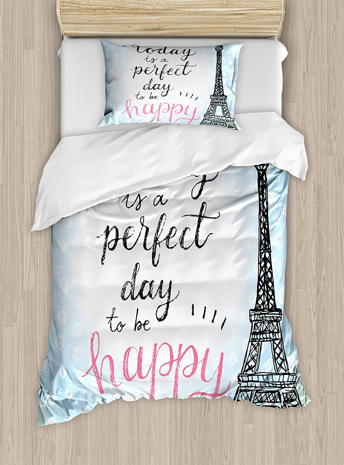 Price:$59.95 Eiffel Tower Duvet Cover Set, Perfect Day Eiffel Tower Polka Dot Handwriting Typography Sketch Paris Print, Decorative 2 Piece Bedding Set with 1 Pillow Sham, Twin Size, Black Blue : Home & Kitchen