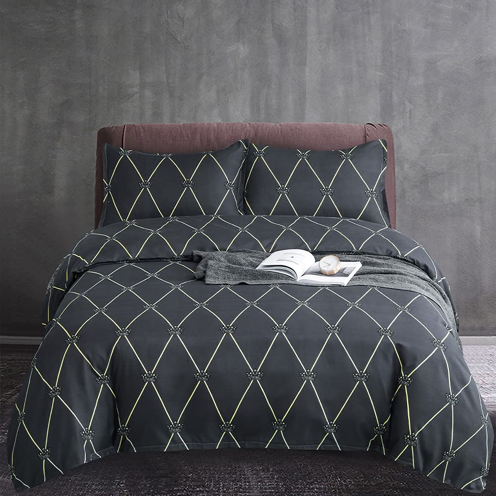 Price:$29.95 Geometric Pattern Design, Soft Microfiber King Size Duvet Cover Set, Black/Gold Lattice ( 3-Piece Set ) : Home & Kitchen