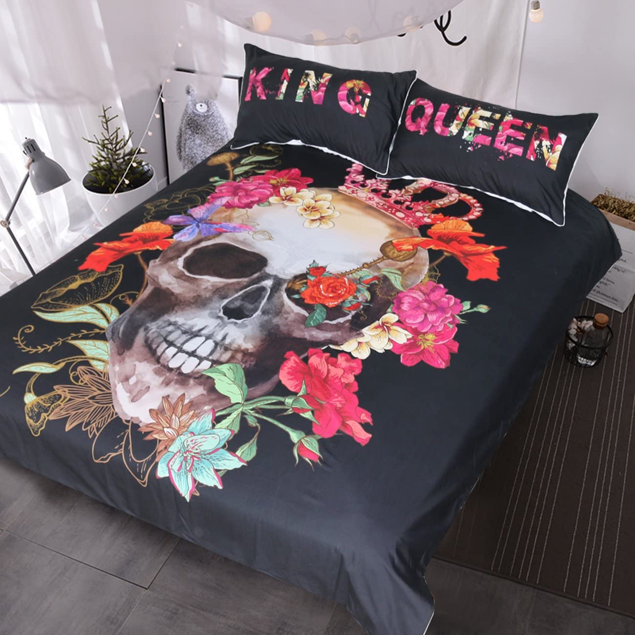 Price:$45.90 Skull Roses Bedding Queen Size 3 Pieces Sugar Skull Duvet Cover with 2 Queen and King Print Pillow Cases Couples Bedding Skull Bedset : Home & Kitchen