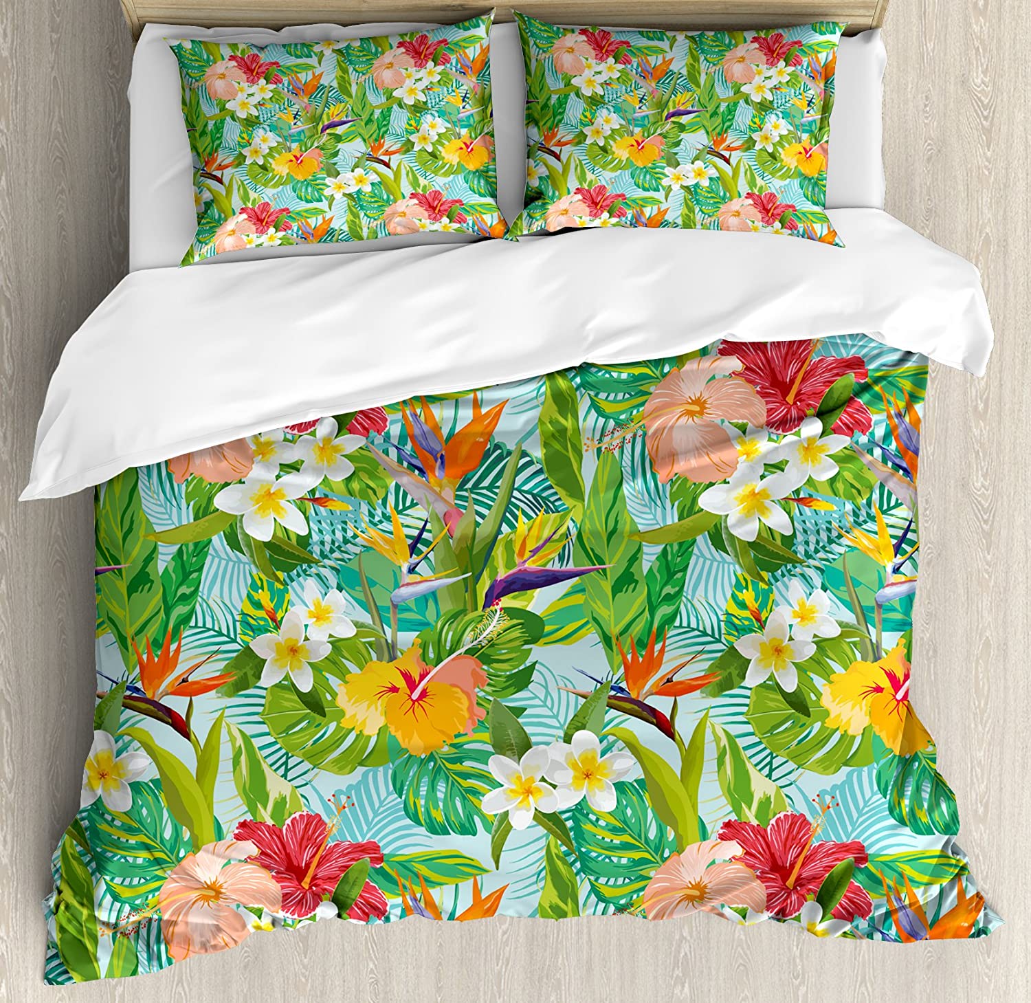 Price:$79.95 Leaf Duvet Cover Set, Vintage Cartoon Style Image of Hawaiian Flowers Crepe Gingers, Decorative 3 Piece Bedding Set with 2 Pillow Shams, Queen Size, Fern Green : Home & Kitchen