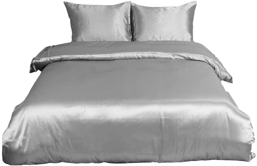 Price:$19.19 Duvet Cover Set with 2 Pillow Shams,Soft Polyester Silky Satin Bedding 3-Piece Set,Solid Color Satiny Comforter Cover Set with Zipper Closure & Corner Ties Queen Gray : Home & Kitchen