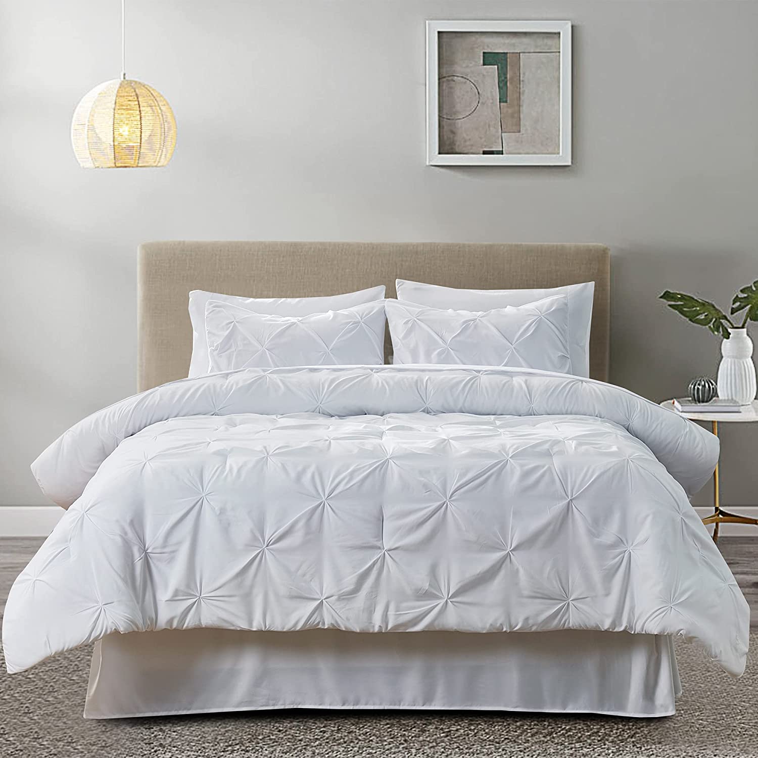 Price:$31.99 3-Piece Duvet Cover Set Full/Queen Size 90"x90", Pinch Pleated Queen Size Duvet Cover with Zipper Closure, Microfiber Pintuck Duvet Cover with 2 Pillow Shams, White : Home & Kitchen