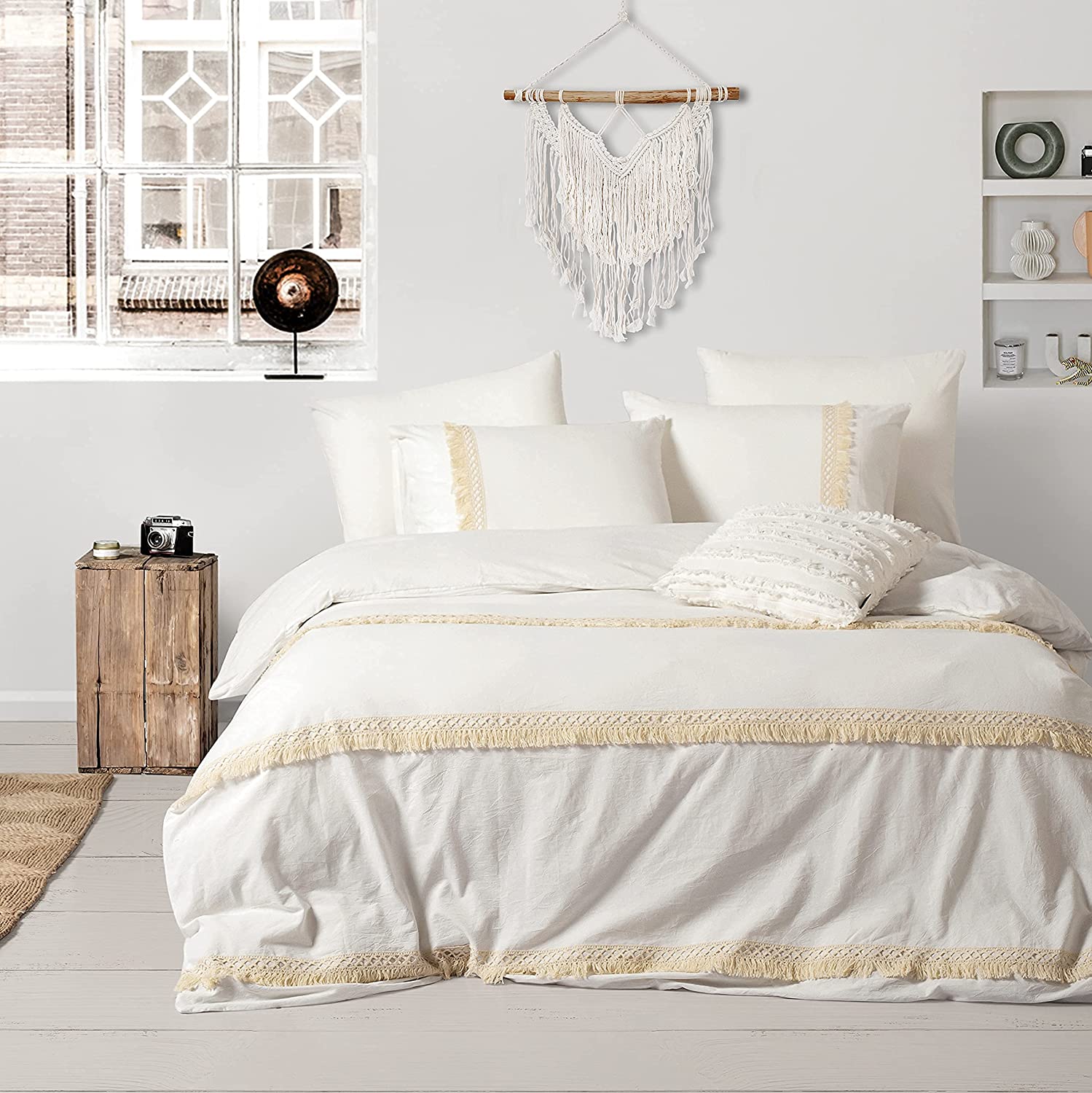 Price:$53.99 Boho Tassel Duvet Cover King, Off White Fringe with Cream Covers. 3pcs 100% Washed Cotton Linen Like Textured Bedding Sets (Long Fringe, Queen) : Home & Kitchen