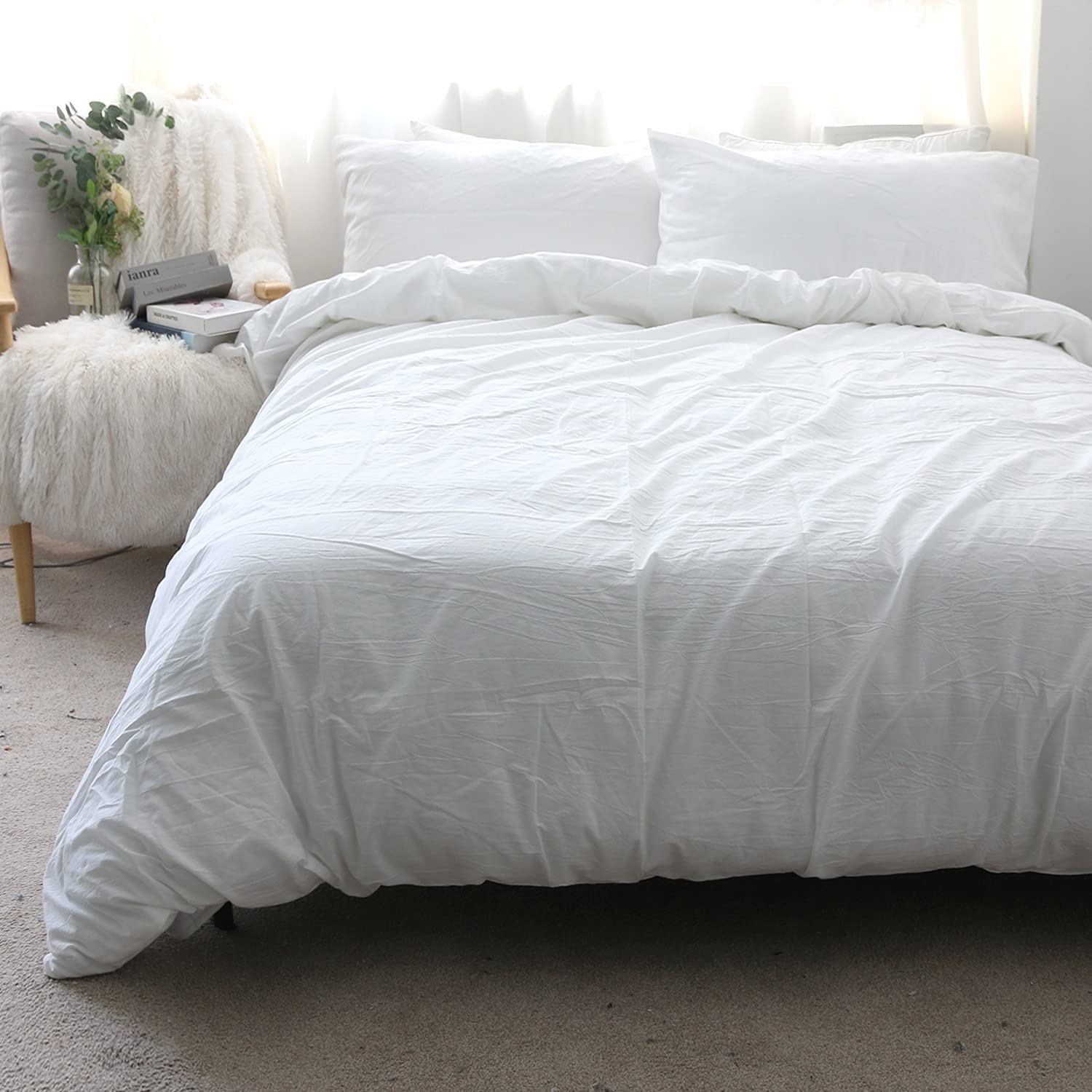 Price:$59.99 Washed Cotton Duvet Cover Set, Simple Style Bedding Set, Ultra Soft Comforter Cover with 2 Pillow Shams, Zipper Closure and Corner Ties (3pcs, White, King Size) : Home & Kitchen