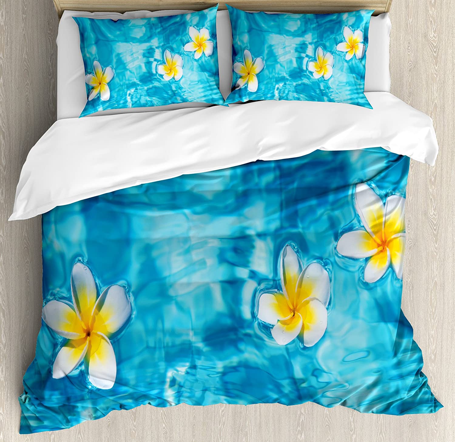Price:$79.95 Hawaiian Duvet Cover Set, Tropical Frangipani Flower Floating in Water Pool Summertime Ecofriendly, Decorative 3 Piece Bedding Set with 2 Pillow Shams, Queen Size, Blue Yellow : Home & Kitchen
