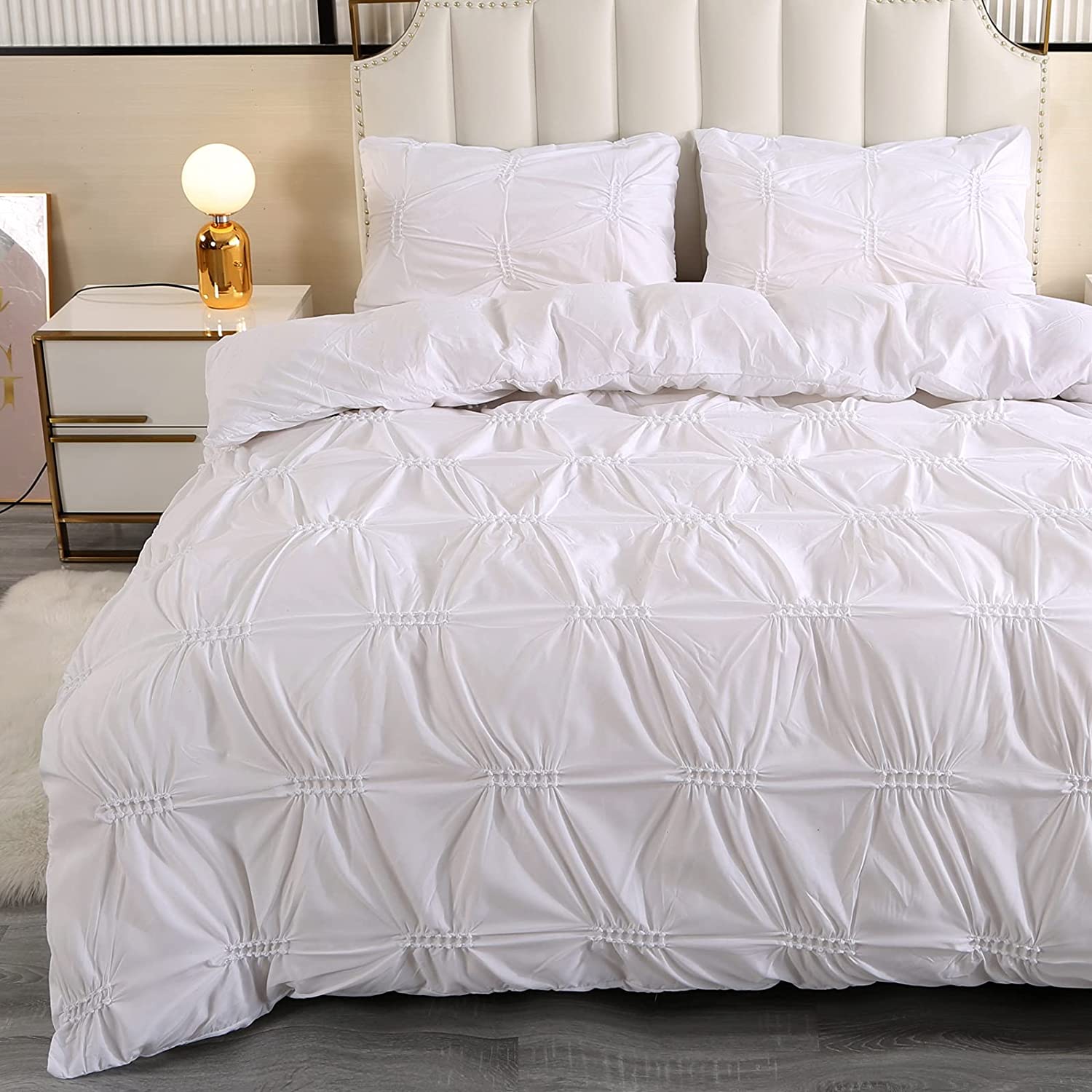 Price:$45.99 Duvet Cover Set 3-Pieces White Pinch Pleated Duvet Cover King Size Microfiber Bedding Comforter Cover Bed Cover Filling Duvet Insert Set with Zipper & Corner Ties (White, 91x102 INCH) : Home & Kitchen