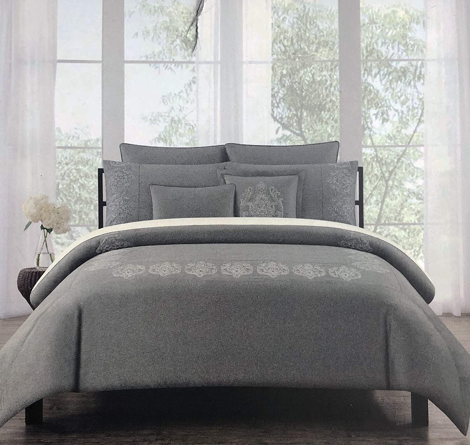 Price:$74.99 Home Bedding Embroidered Silver Metallic Thread Medallions on Charcoal Gray Full/Queen Size Luxury 3 Piece Duvet Comforter Cover Shams Set - Royal Embroidery : Home & Kitchen