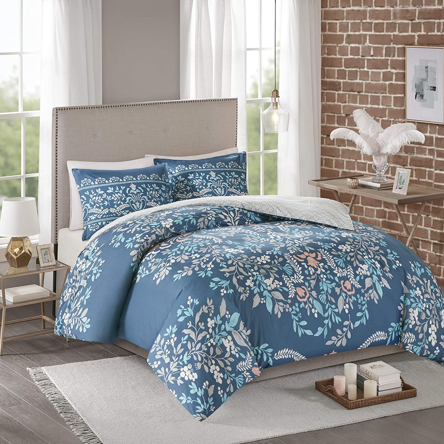 Price:$54.06 Park Eden 3 Piece Cotton Printed Reversible Duvet Cover Set, Full/Queen(90"x90"), Navy : Home & Kitchen