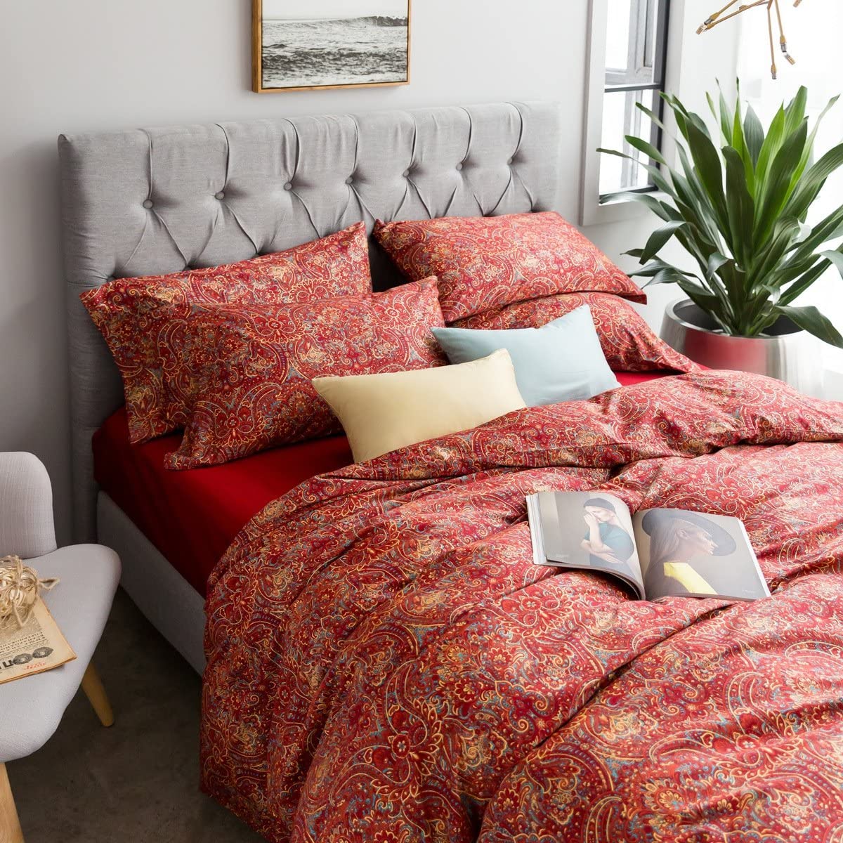 Price:$106.80 Boho Paisley Print Luxury Duvet Quilt Cover and Shams 3pc Bedding Set Bohemian Damask Medallion 350TC Egyptian Cotton Sateen (King, Yellow Red) : Home & Kitchen