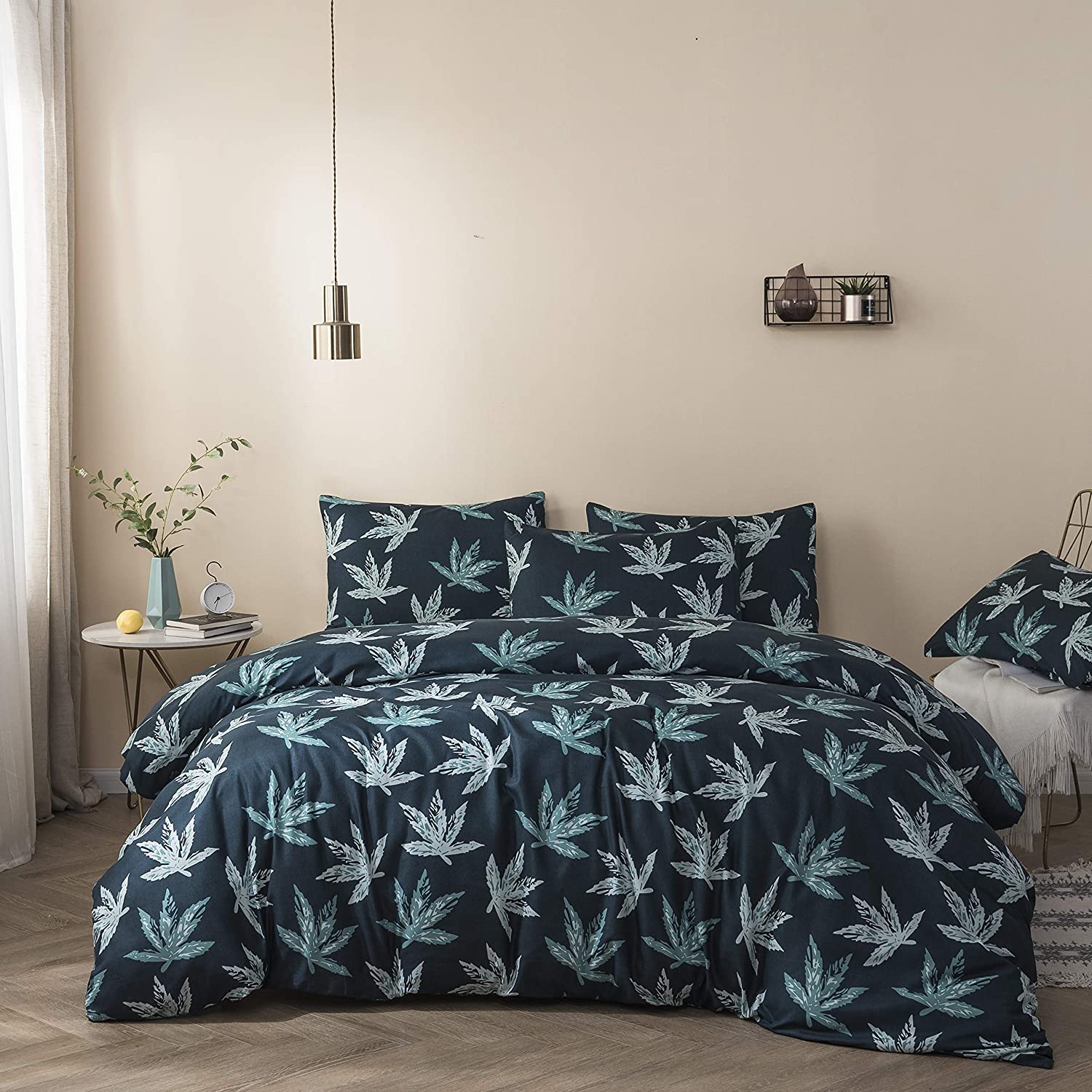 Price:$21.99 Duvet Cover Set 3 Piece Jungle–Reversible Double Brushed Microfiber–Comforter Cover with Invisible Zipper Closure and 2 Pillow Shams, Navy/Grey Twin Full/Queen King (Leaves, Twin) : Home & Kitchen