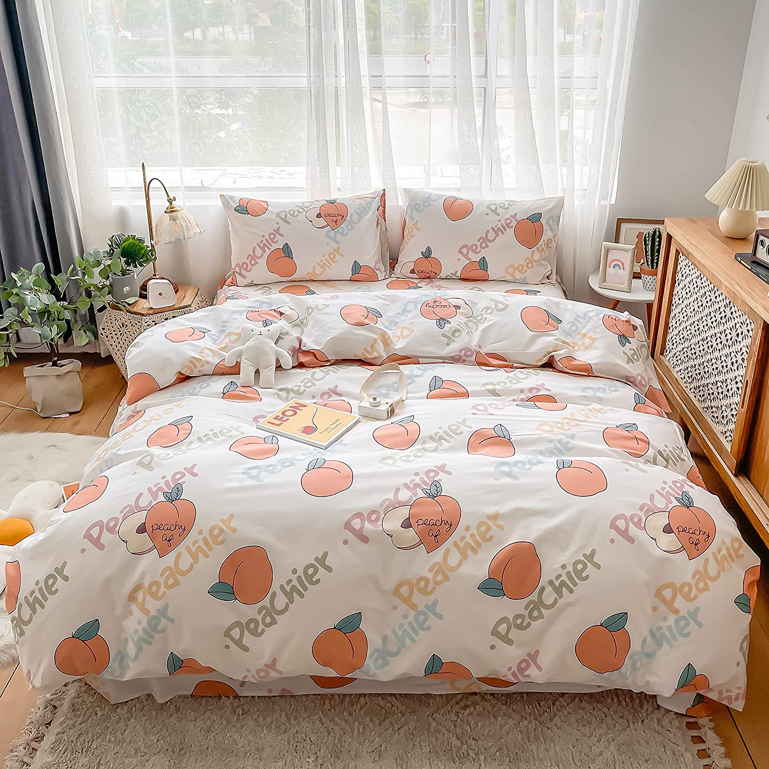 Price:$52.00 Peach Duvet Cover Set 100 percent Cotton Full Queen Light Pink White Cartoon Bedding 1 Fruit Comforter Cover 2 Pillowcases for Kids Girls Boys Woman, 90x90 Inch, Peach : Home & Kitchen