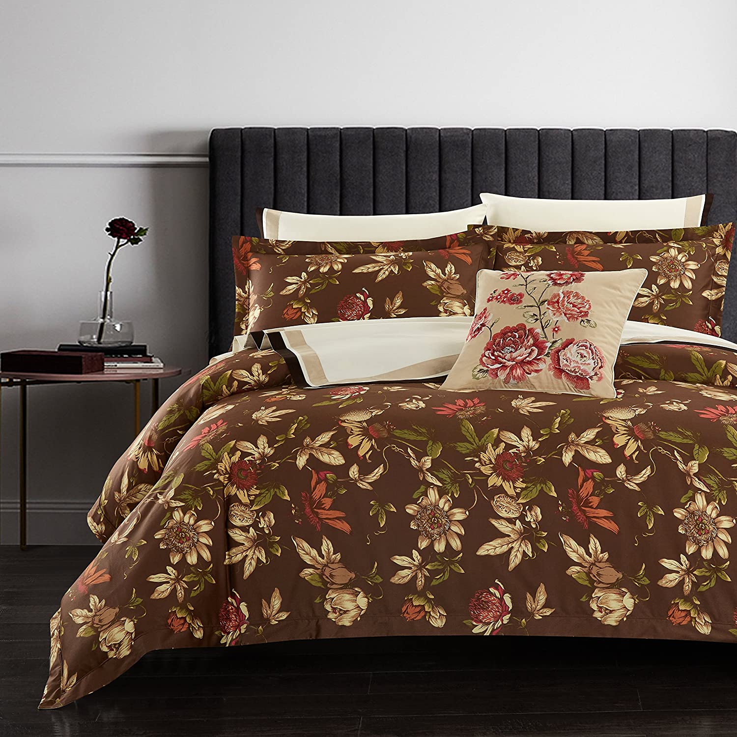 Price:$99.90 Espresso Duvet Covers Set 3 Piece Do Not Include Fillilng Vintage Rustic Retro Coffee Brown Floral Botanic Egyptian Cotton Sateen 400 TC Button Closure and Corner Ties Available(Queen) : Home & Kitchen