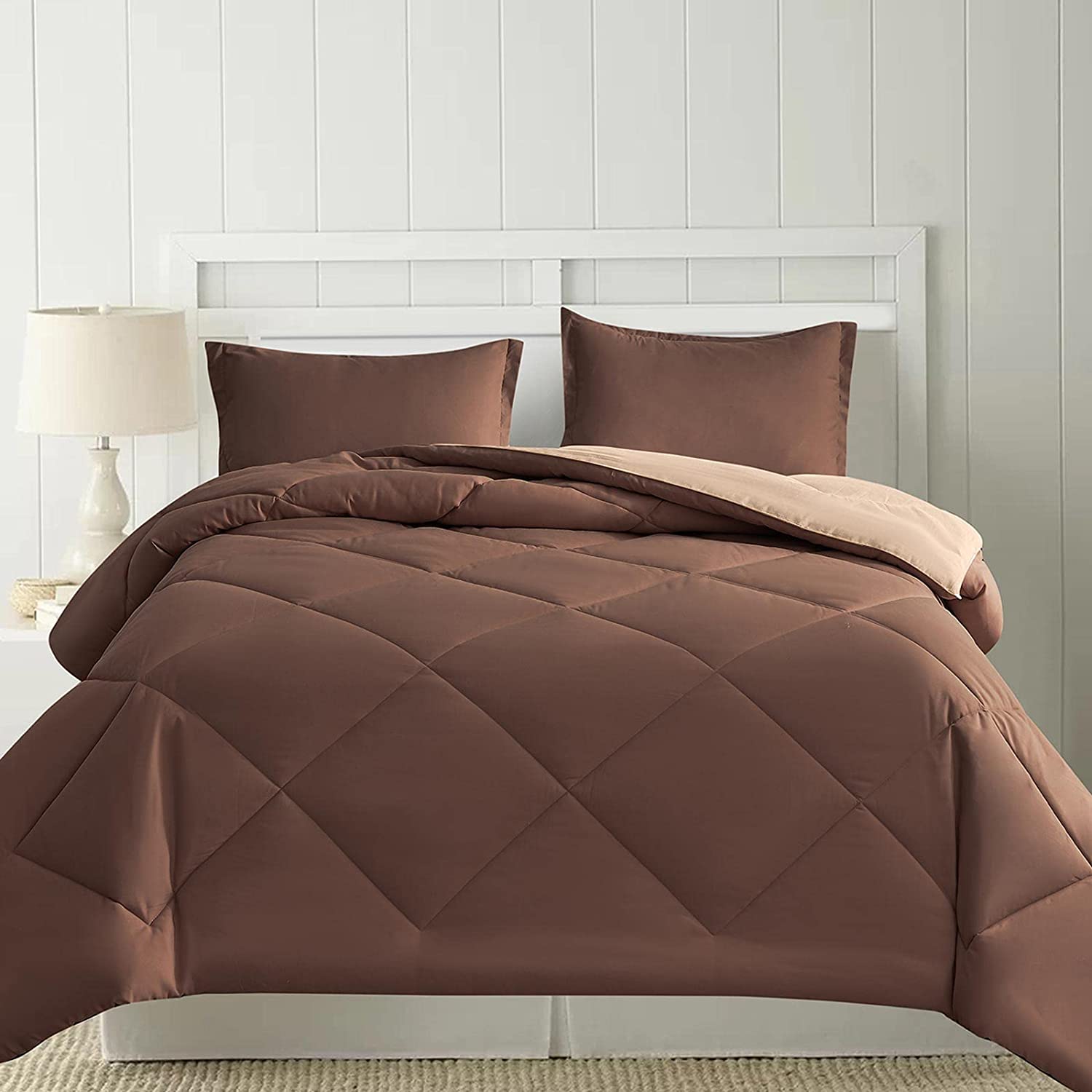 Price:$42.99 King Comforter Set Size Brown and Beige Reversible Down Alternative Quilted Duvet Insert, Microfiber Filling, Hotel Luxury Bedding Sets in a Bag Modern Styly for Women Men Teen 104 X 90 3PC : Home & Kitchen