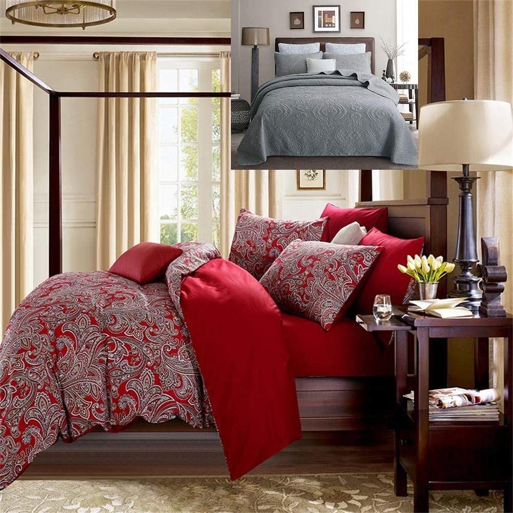 Price:$189.00 Luxury Paisley Duvet Cover King Size Set Bohemian Damask Medallion 800TC Egyptian Cotton 3PCS + 3PCS Gray Quilted Comforter Bedspread Quilt Set Queen Size : Home & Kitchen