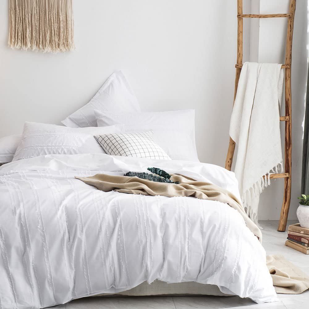 Price:$69.99 Duvet Cover Set,100% Cotton Woven Textured Stripe Duvet Cover with Pillowshams,3 Pieces Bedding Set-White Stripe Full/Queen : Home & Kitchen