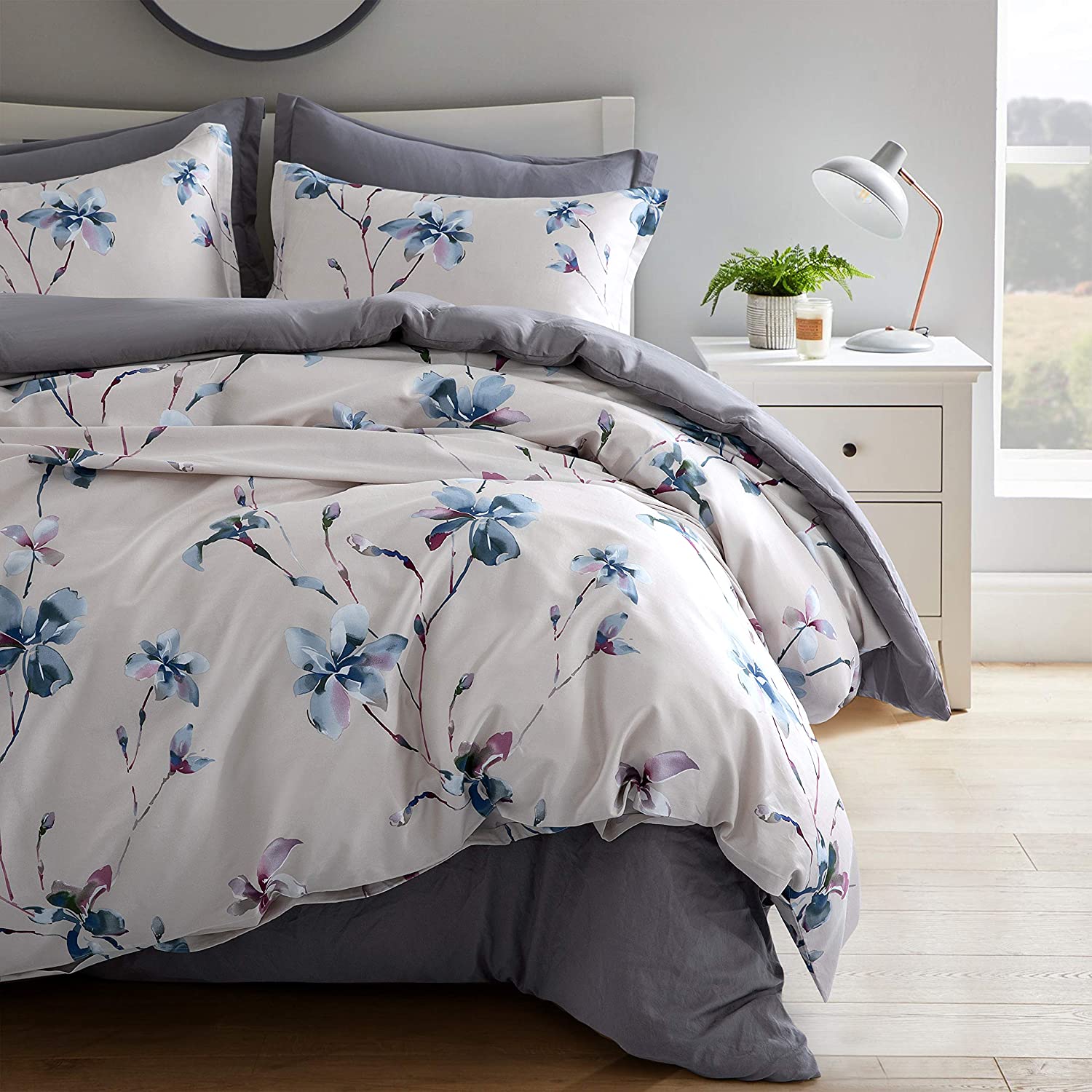 Price:$98.80 Watercolor Flowers Print Duvet Quilt Cover 3pc Set Lilac Orchid Magnolia Blossom Leaf Branches Cotton Sateen 300tc Luxury Floral Bedding (King, Beige) : Home & Kitchen