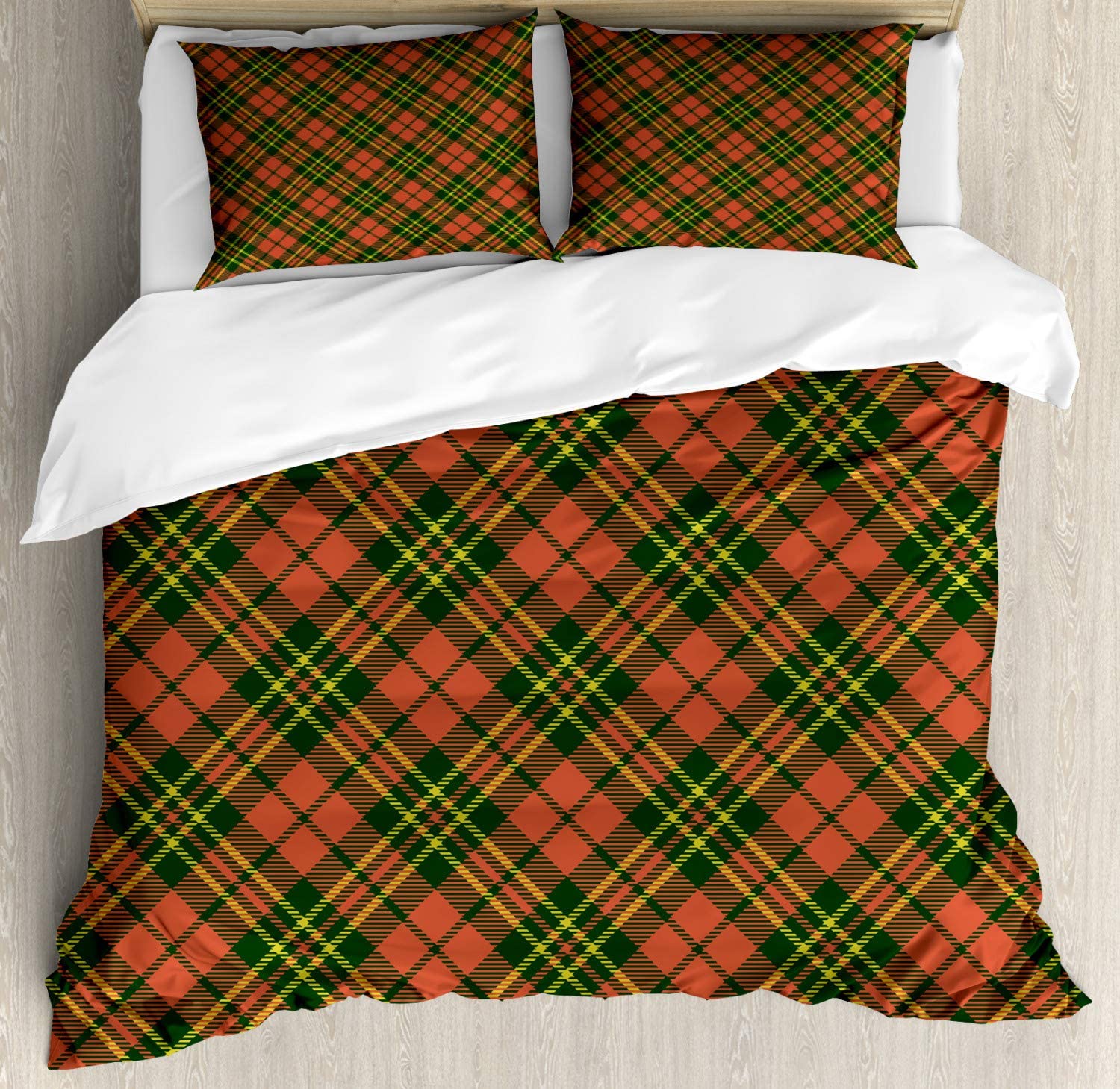 Price:$14.98 Checkered Duvet Cover Set, Irish Tartan Plaid Motifs in Christmas Colors Geometrical Stripes, Decorative 3 Piece Bedding Set with 2 Pillow Shams, King Size, Emerald Vermilion : Home & Kitchen