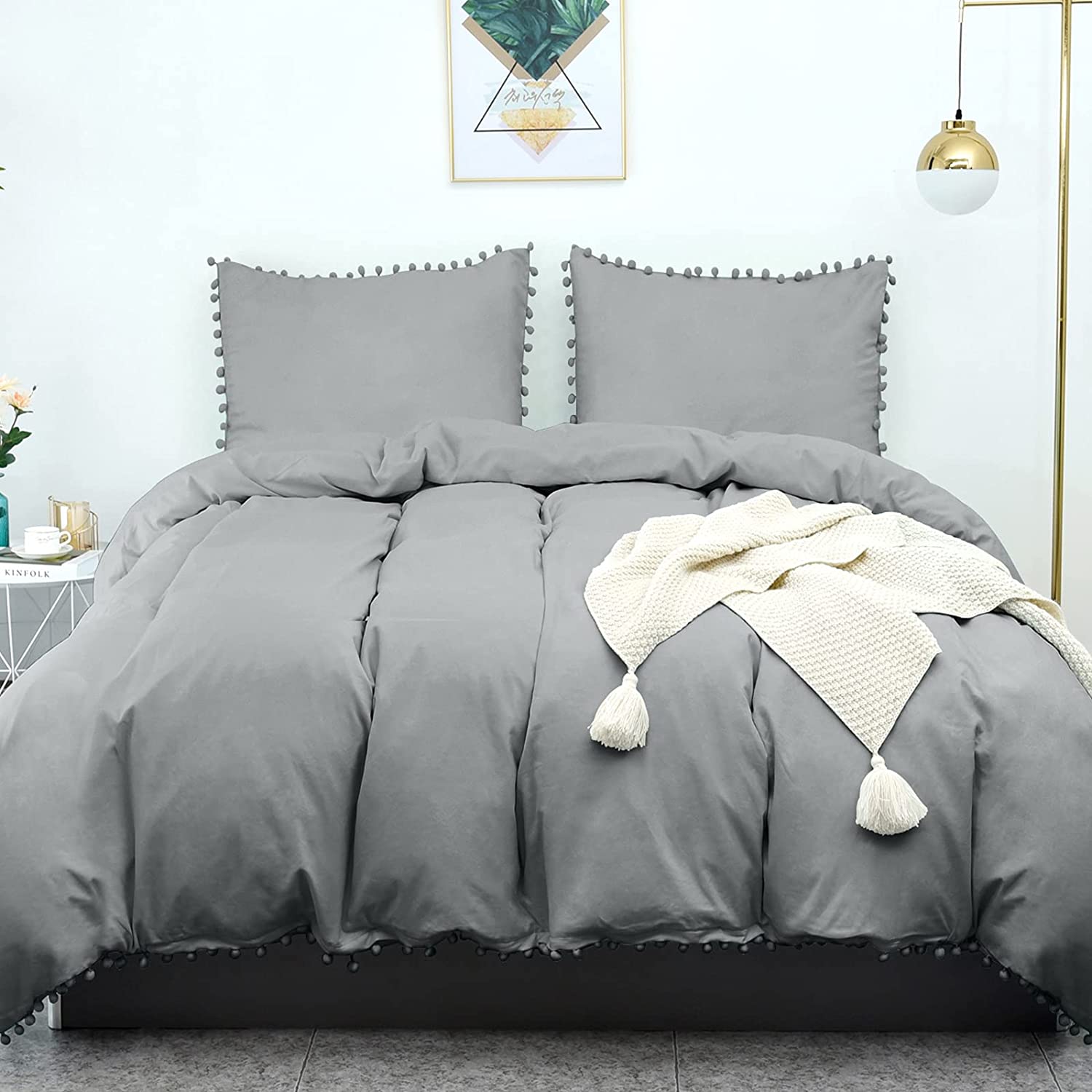 Price:$23.49 Duvet Cover Queen, Light Grey Farmhouse Duvet Cover Set, Soft Microfiber Comforter Cover Hotel Pom Pom Bedding Duvet Cover 3 Pieces : Home & Kitchen