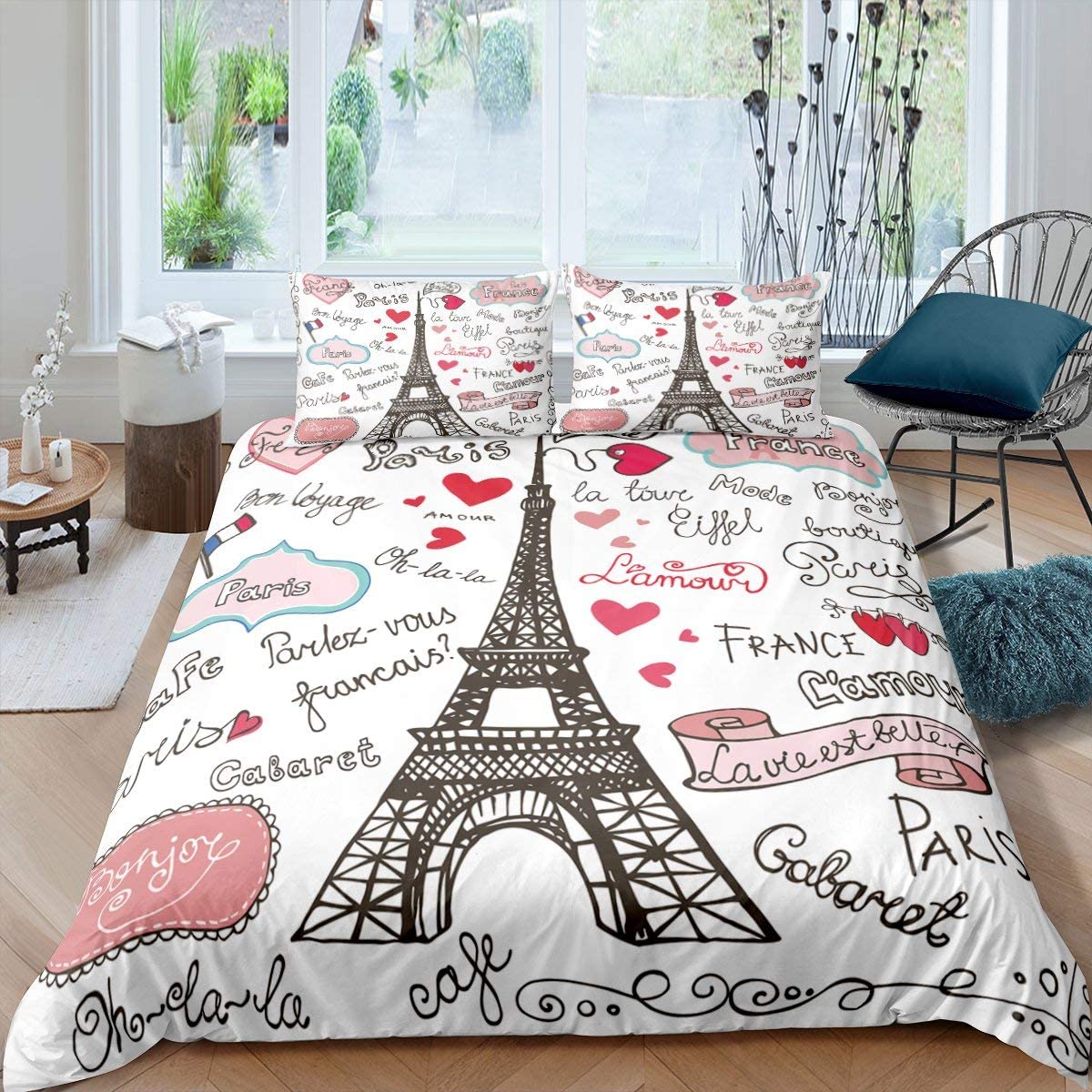 Price:$23.00 Eiffel Tower Duvet Cover Paris France Comforter Cover Love Letters French Theme Trippy Bedding Set Romantic Gifts for Couples, Decorative 3 Pcs King Size with 2 Pillow Shams, White Red : Home & Kitchen