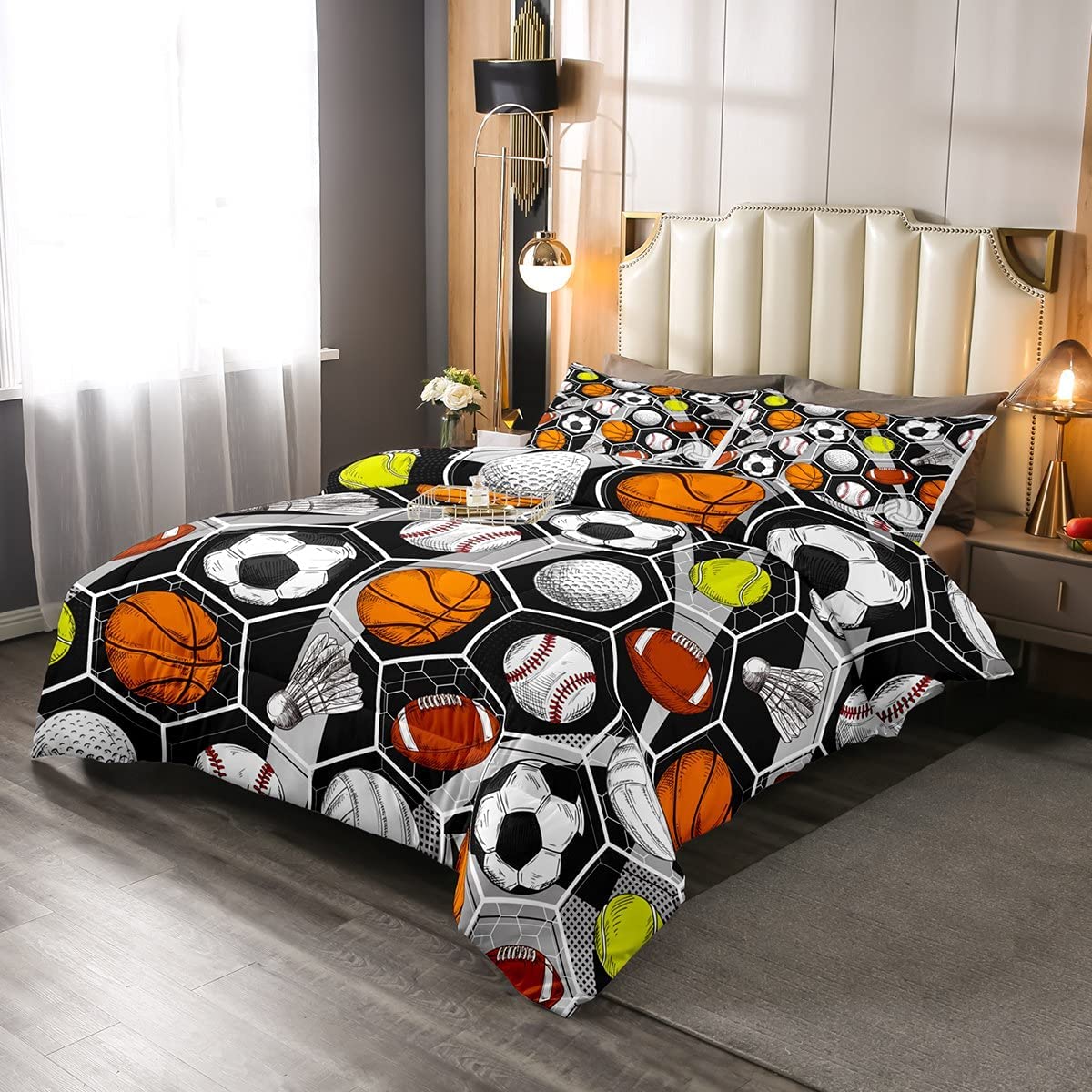Price:$52.99 Games Bedding Sets Basketball Football Comforter Set Hexagon Geometric Sports Down Comforter Baseball Tennis Badminton Rugby Duvet Sets With 2 Pillow Cases Full Size For Kids Boys Room : Home & Kitchen