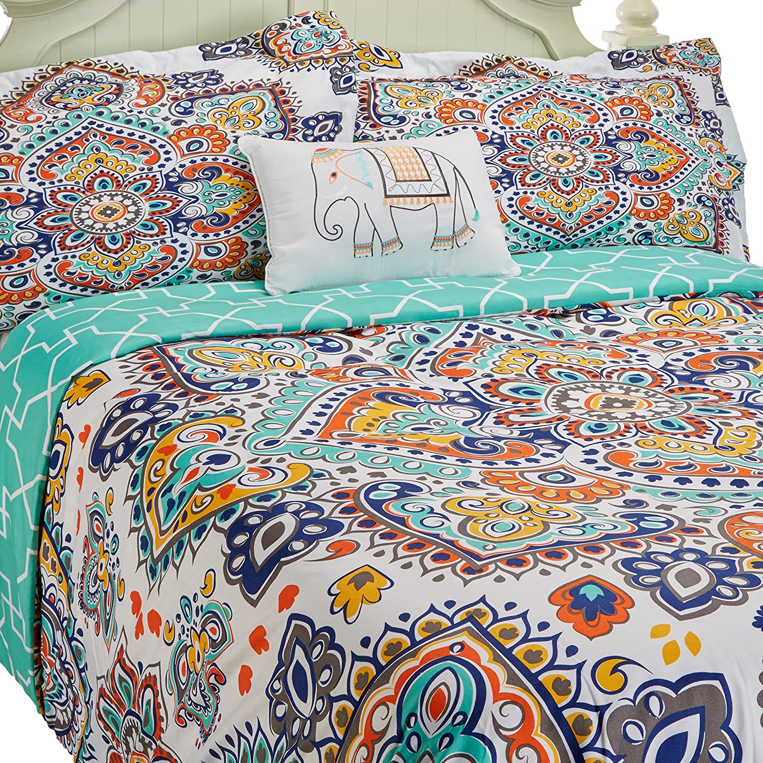Price:$50.95 Home 4 Piece Karen Reversible Boho-Inspired Print and Contemporary Geometric Patterned Technique King Duvet Cover Set Aqua : Home & Kitchen