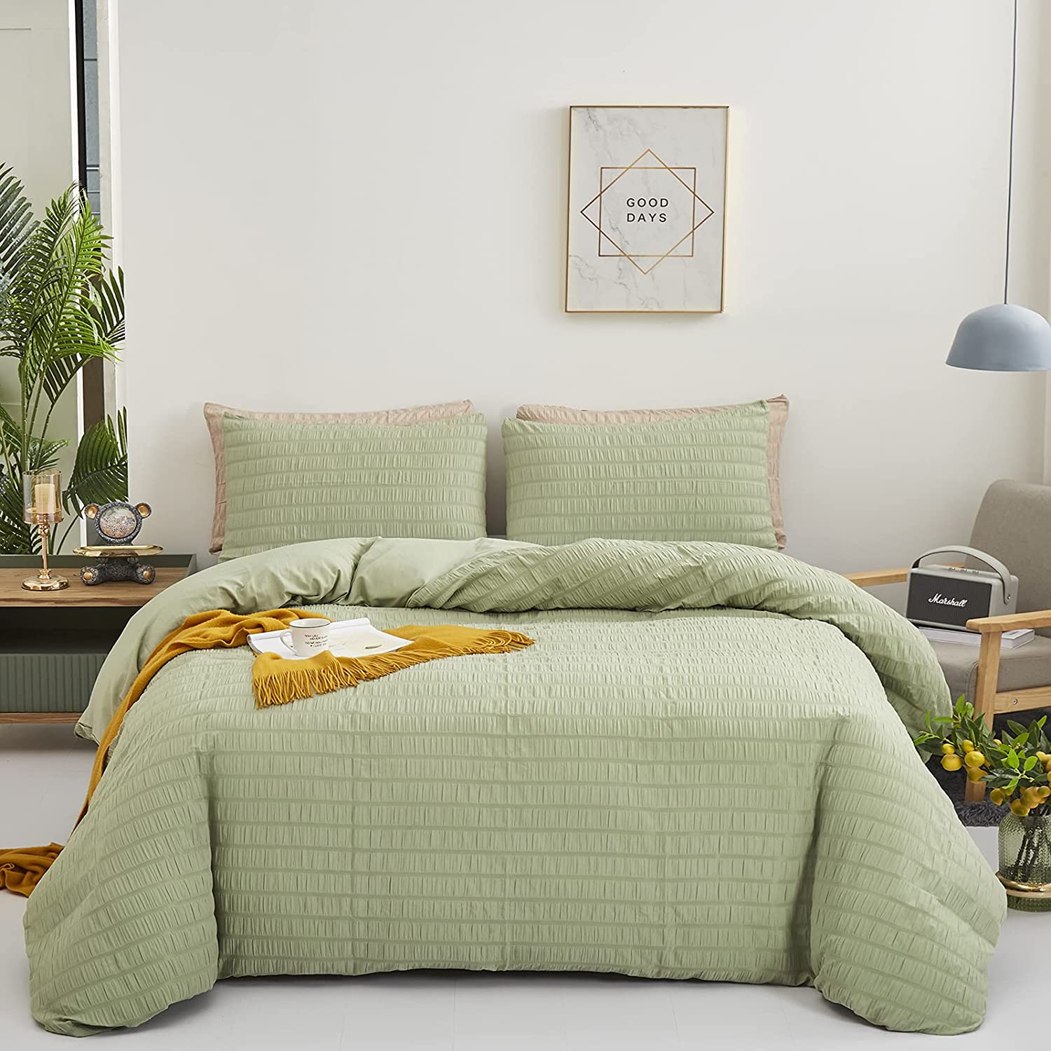 Price:$79.99 Sage Green Comforter Set Queen Light Green Comforter Seersucker Bedding Full Boys Men Light Green Full Size Bedding Sets 3 Piece Women Gauze Comforters Girls Sage Bedding Sets Queen : Home & Kitchen