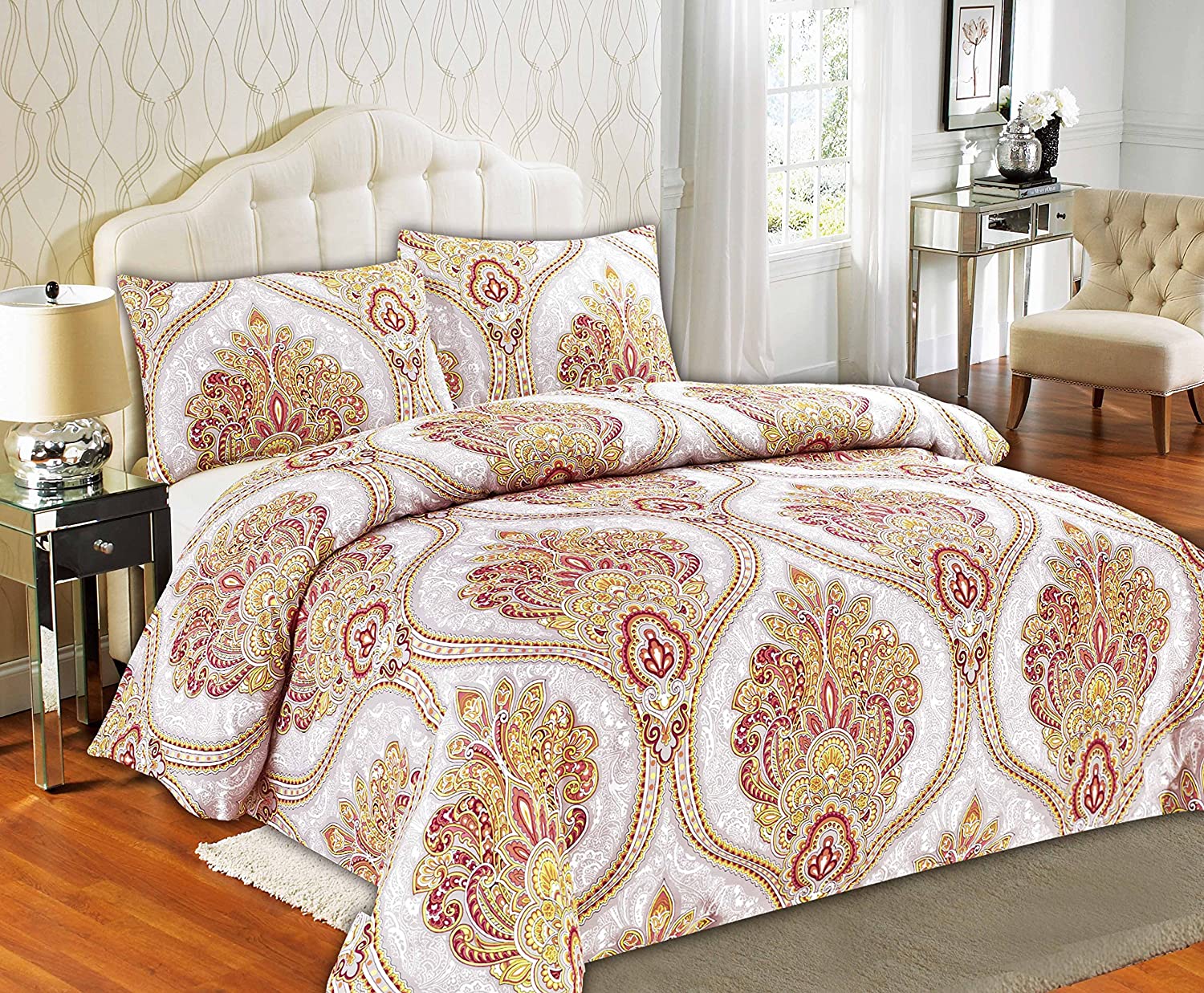 Price:$69.86 Home Fashion 3 Piece Sunshine Festival White Gold Fancy Patterned Duvet Cover Set, Full : Home & Kitchen