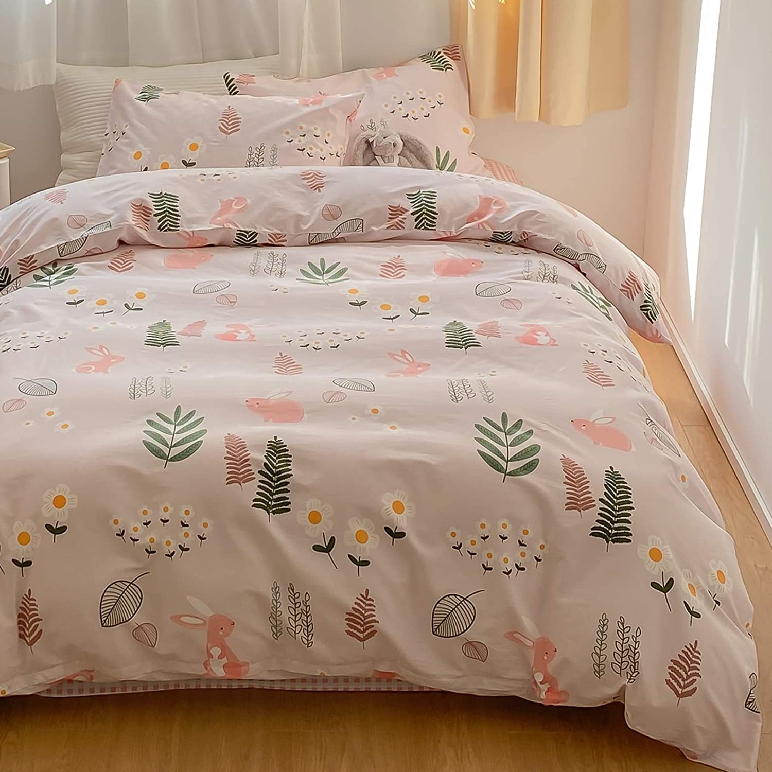 Price:$48.34 Rabbit Duvet Cover Set Twin, 100% Cotton Bedding, White Bunny Flower Leaf Forest Pattern Printed on Pink, Animal Comforter Cover for Kids Teens Girls, No Comforter : Home & Kitchen