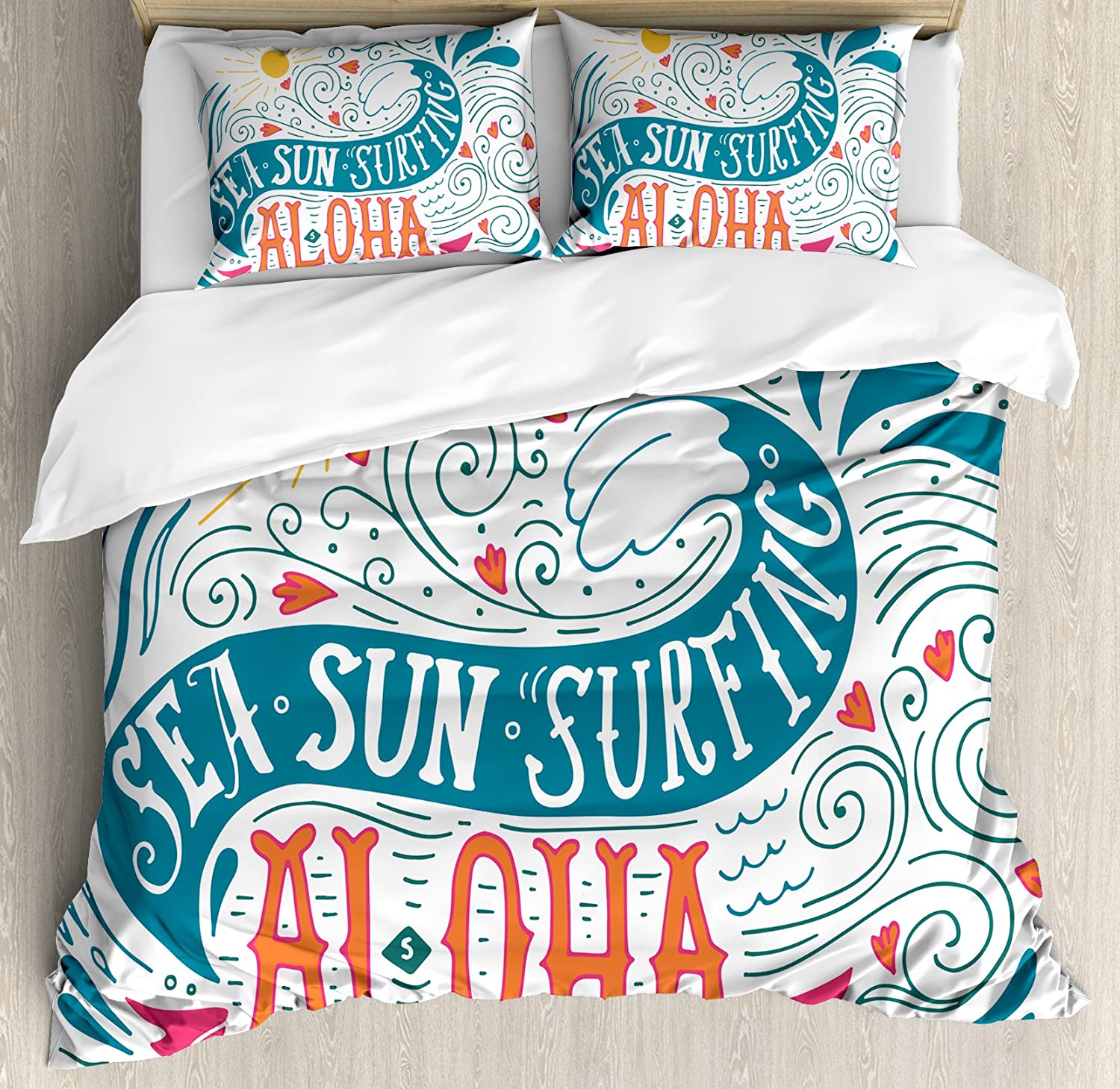 Price:$79.95 Hawaiian Duvet Cover Set, Sea Sun Surfing Typography with Ocean Waves Aloha Tropical Print, Decorative 3 Piece Bedding Set with 2 Pillow Shams, Queen Size, Petrol Blue : Home & Kitchen