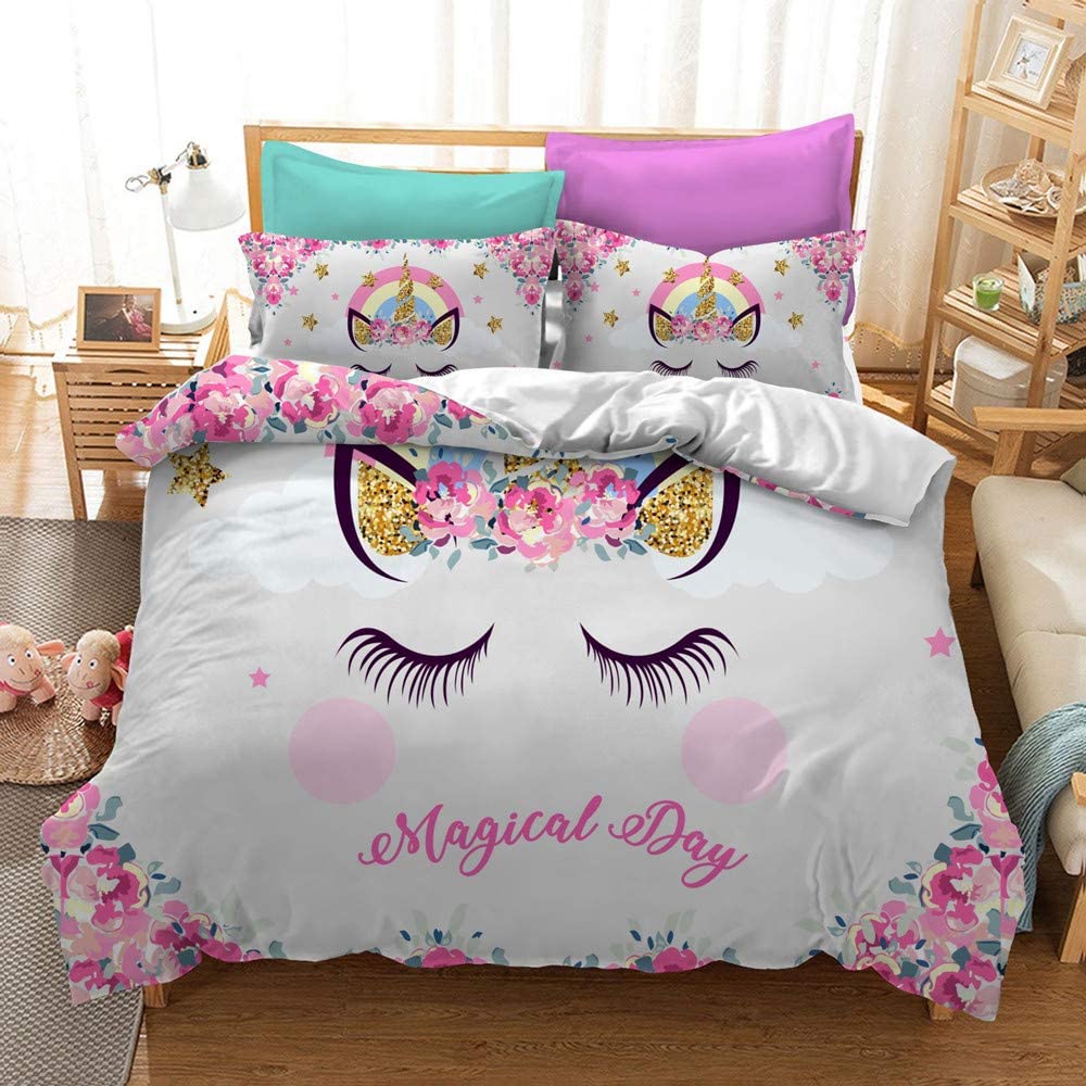 Price:$39.99 Day Unicorn Duvet Cover Set Twin Size Lovely Cute Unicorn Bedding SetEars Angle Duvet Cover with Pink Flowers Rainbow Cartoon Girls Comforter Cover (2 Pieces) : Home & Kitchen