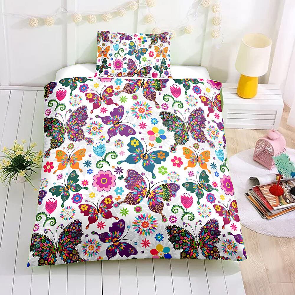 Price:$29.99 Bedding Set for Kids Girls Duvet Cover Set Twin Size Decorative Colorful Butterflies Floral Pattern Microfiber Polyester Comforter Cover with 1 Pillow Shams, Zipper, Soft 2 Pieces : Home & Kitchen