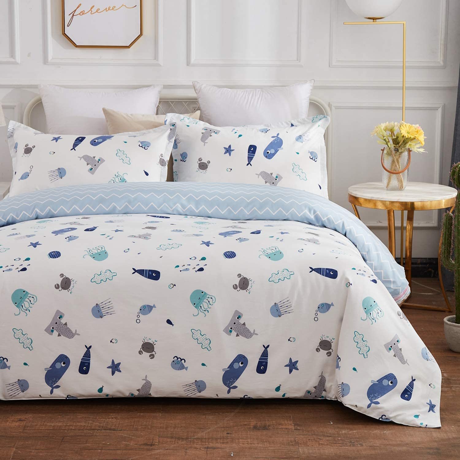 Price:$59.00 Kids Bedding Set Twin Size 100% Cotton Boy Girl Summer Bedding Nautical Ocean Sealife Children Duvet Cover Set (Comforter NOT Included) : Home & Kitchen