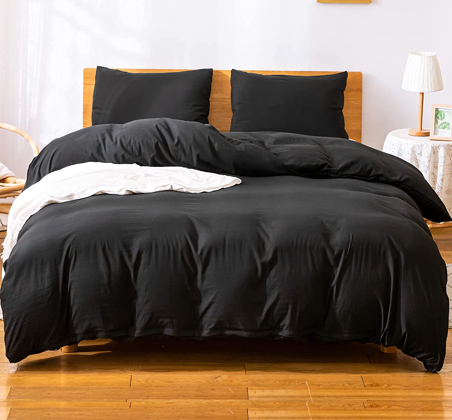 Price:$36.99 Duvet Cover Set 3 Pieces with Zipper Closure Corner Ties - Fade Stain Resistant Quilt Case Comforter Cover - Slight Wrinkled Bedding（Black Queen） : Home & Kitchen
