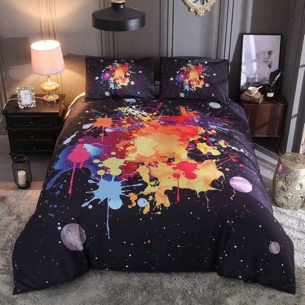 Price:$58.98 King Watercolor Duvet Cover Galaxy Planet Pattern Bedding Set Colorful Graffiti Splatter Solid Black 3PC Duvet Cover Set with 2 Pillowcases Ultra-Soft : Home & Kitchen