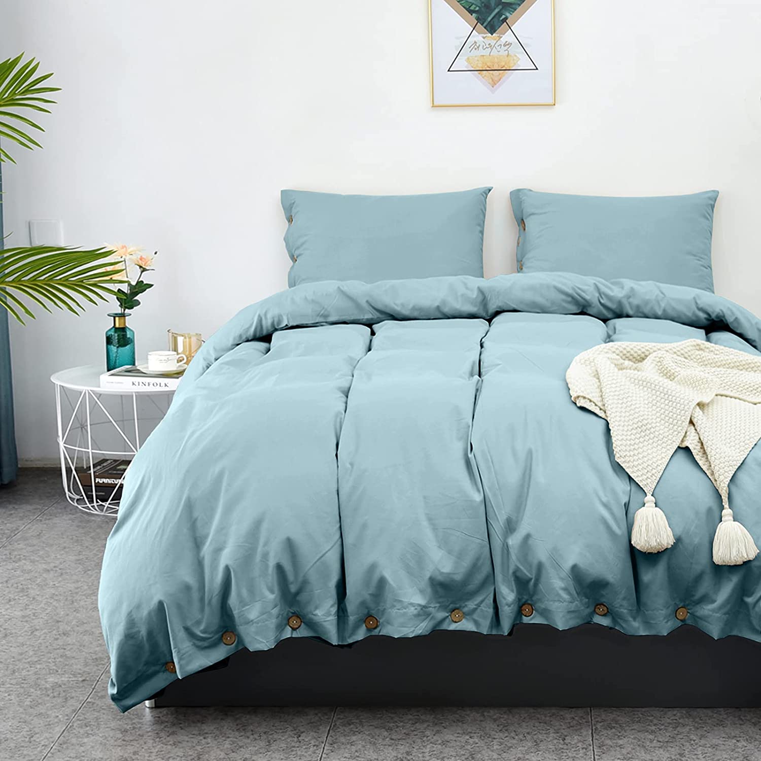 Price:$23.49 Duvet Cover King, Gray Blue Farmhouse Duvet Cover Set, Soft Microfiber Comforter Cover Hotel Button Bedding Duvet Cover 3 Pieces : Home & Kitchen