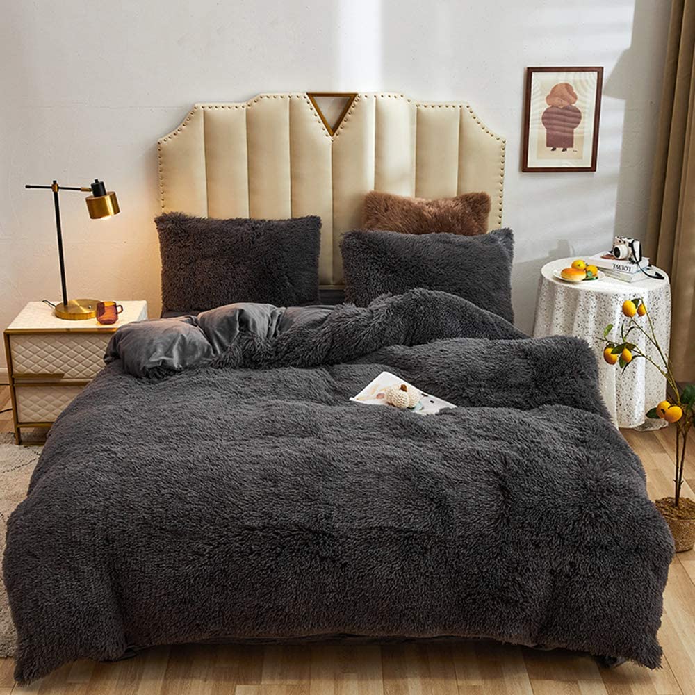 Price:$69.99 Fur Plush Shaggy Velvet Bedding Duvet Cover Set Down Comforter Quilt Cover with Pillow Shams, Plush Shaggy Ultra Soft Warm and Durable (King, Dark Gray) : Home & Kitchen